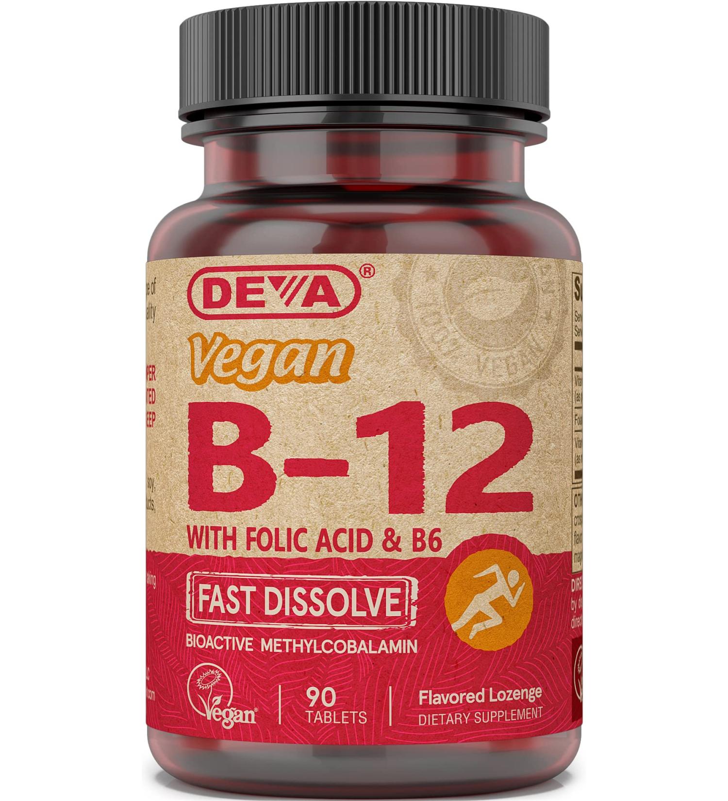 Deva Vegan Vitamin B12 Fast Dissolve Supplement - Once-Per-Day Complex with 1000 Mcg Methylcobalamin B12 Folic Acid B6 - Lemon Flavor - 90 Dissolvable Tablets 1-Pack - Buy Online on GoSupps.com