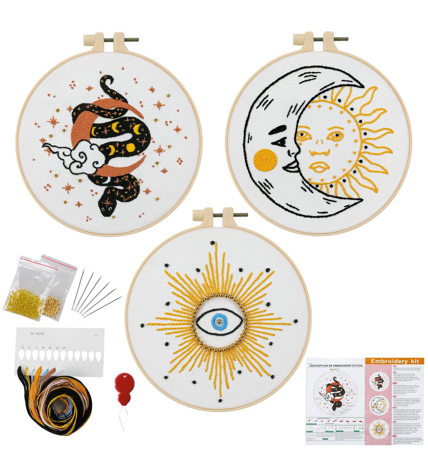 Anidaroel Embroidery Starter Kit for Adults - 3 Sets Stamped Cross Stitch Kits with Fabric, Hoops, Threads, Needles - Beginner Embroidery Set - Buy Online on GoSupps.com