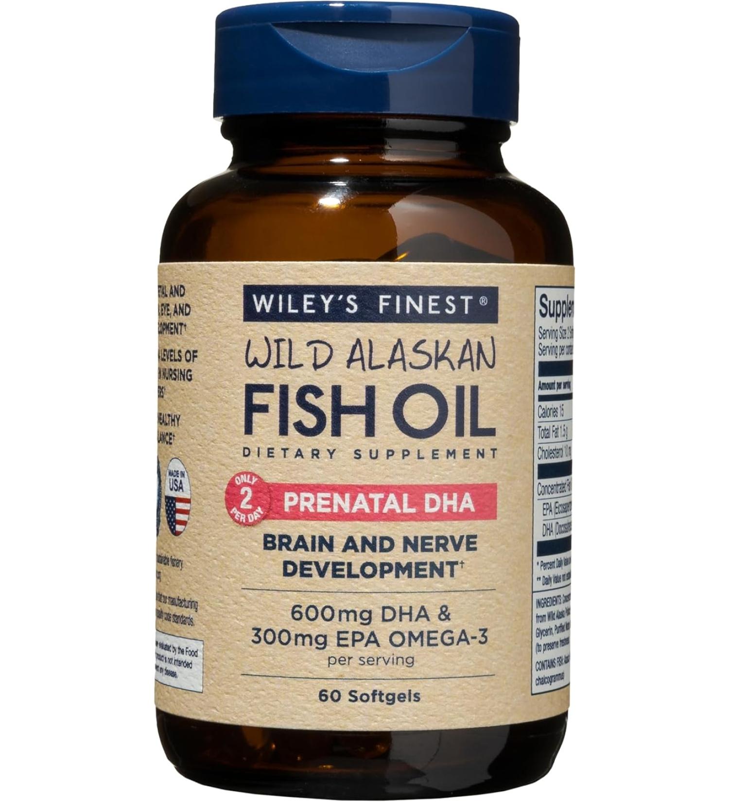 Wiley's Finest Wild Alaskan Fish Oil Prenatal DHA 600mg - 60 Softgels for Healthy Pregnancy - Buy Online on GoSupps.com