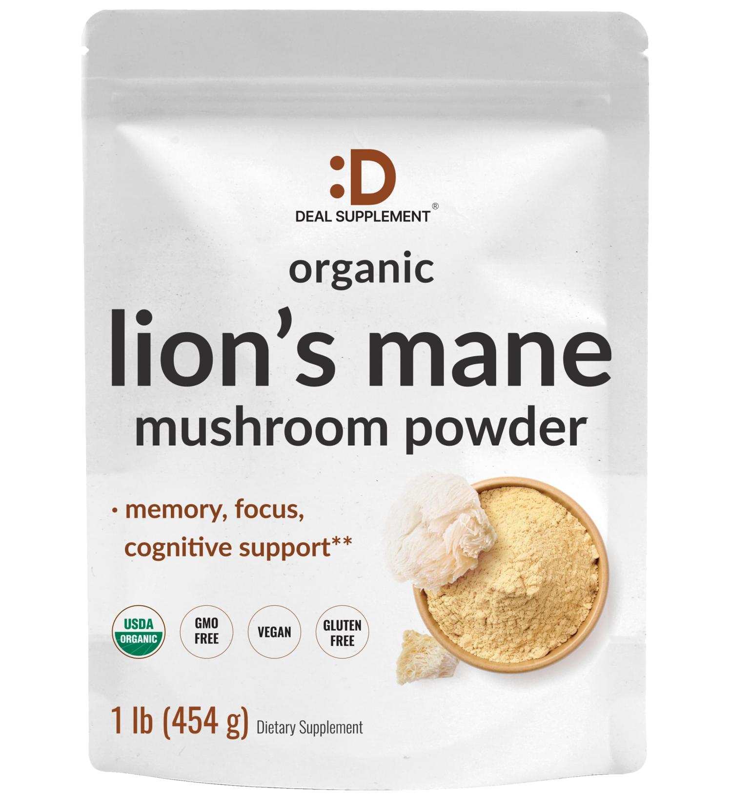 DEAL SUPPLEMENT Organic Lions Mane Mushroom Powder Supplement 1 500mg Per Serving 1lb Active Fruiting Body & Mycelium Extract Natural Brain Nootropic & Immune System Booster Non-GMO - Buy Online on GoSupps.com