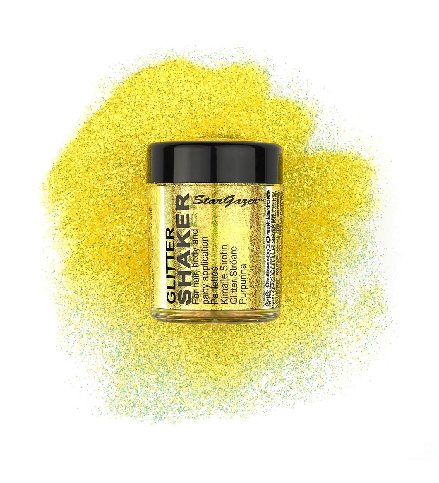 Stargazer UV Glitter Shaker Yellow. Cosmetic glitter powder for use on the eyes lips face body hair and nails. UV Yellow - Buy Online on GoSupps.com