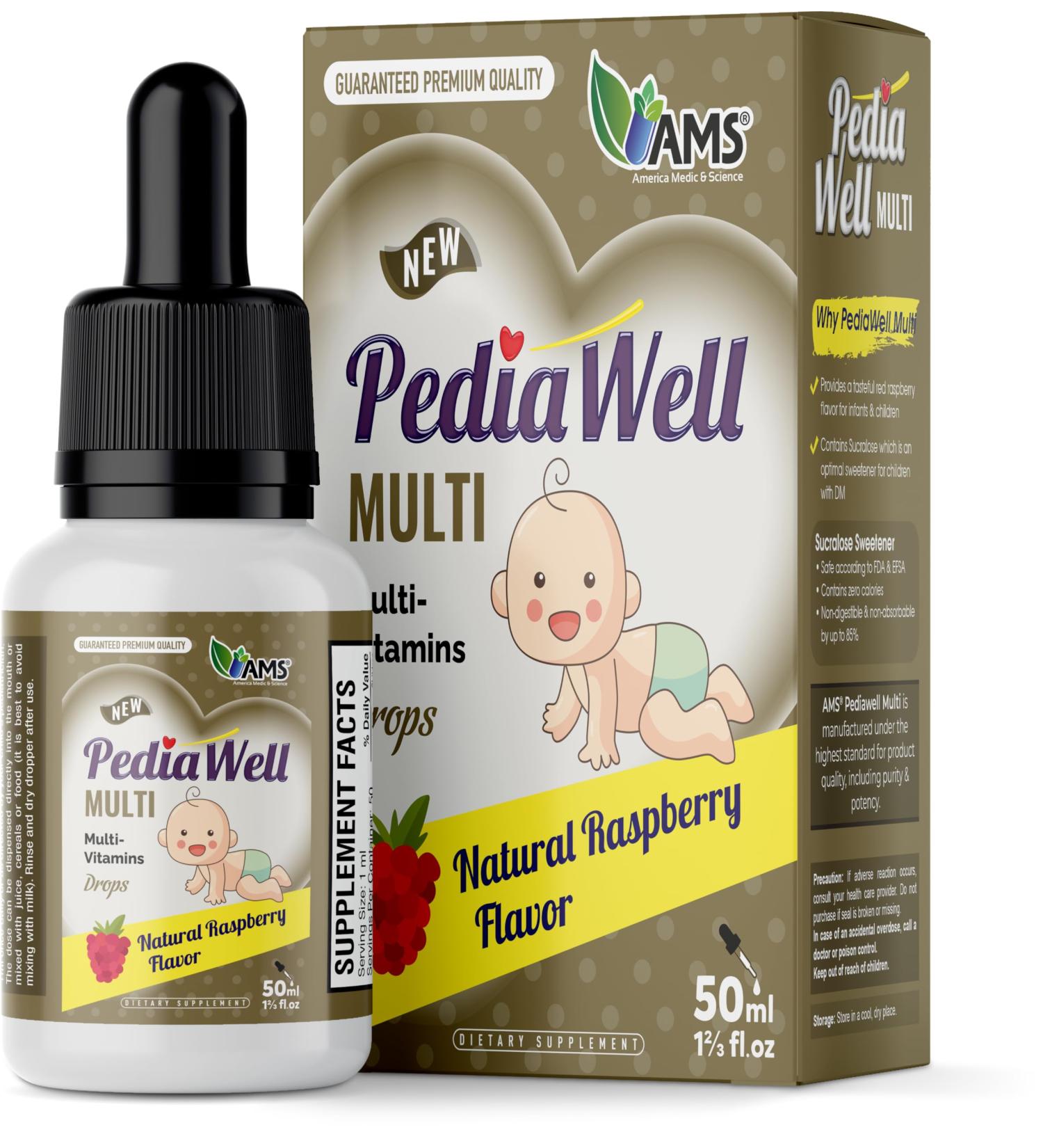 America Medic & Science PediaWell Multi (50 mL) | Baby Vitamin Supplement with Vitamin C | Enhanced Immune Support for Kids | Toddler Multivitamin Drops for Boosting Physical and Mental Growth Multi Natural Raspberry - Buy Online on GoSupps.com