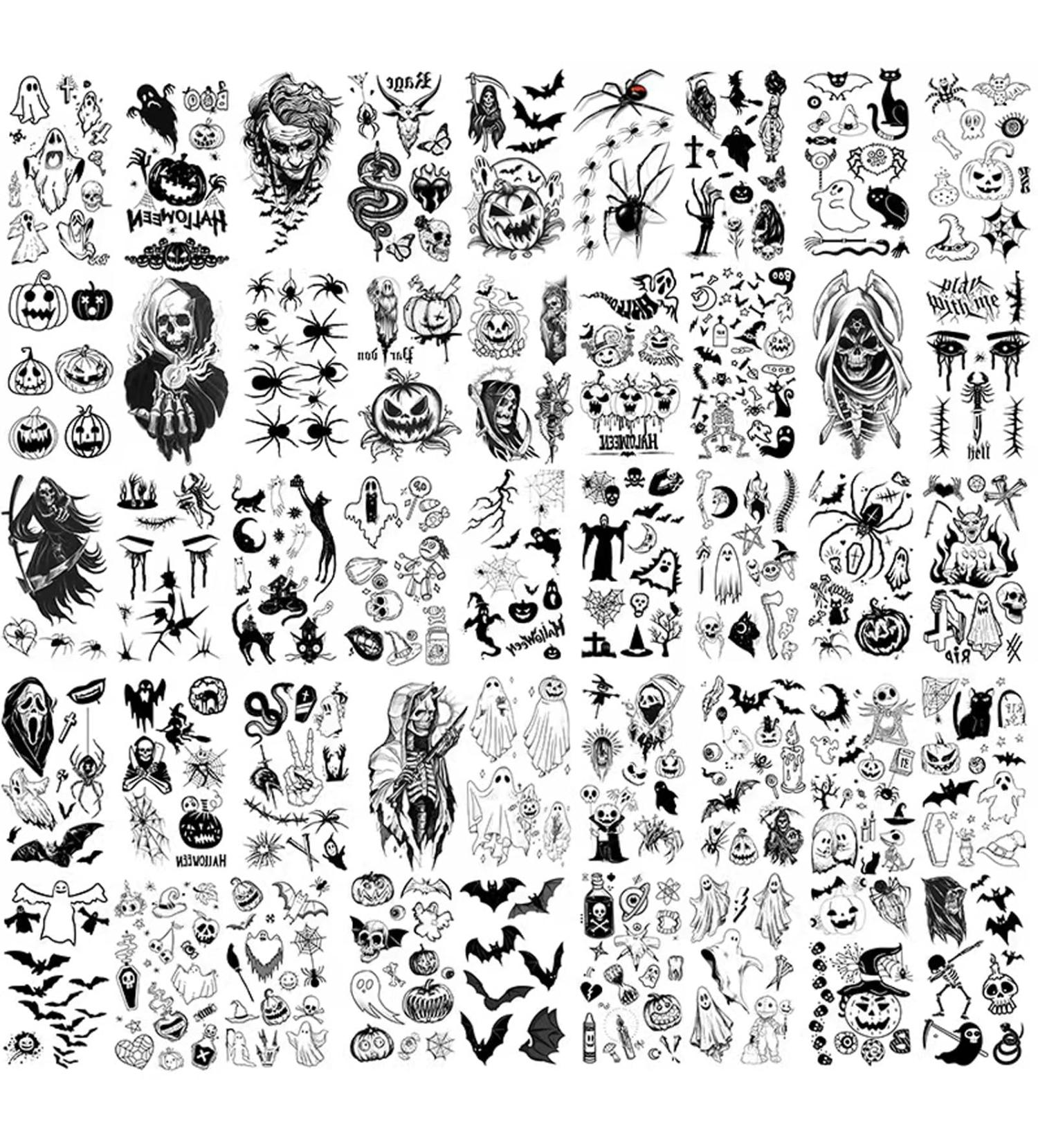 45 Sheets Halloween Temporary Tattoos For Kids Women Men 3D Scary Skeleton Skull Fake Tattoos Sticker For Adults Small Ghost Vampire Bat Pumpkin Spider Devil desigh Tatoos - Buy Online on GoSupps.com