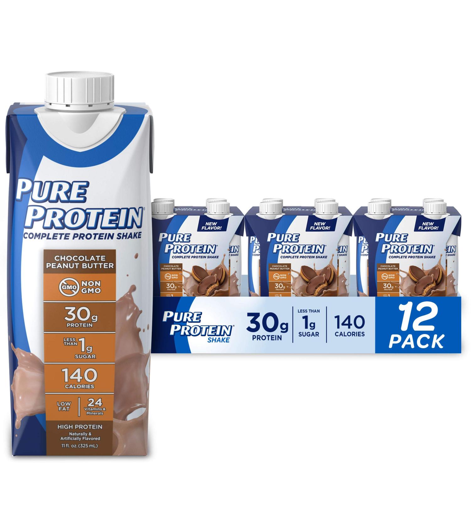 Pure Protein Chocolate Peanut Butter Shake | 30g Protein | Ready-to-Drink Keto-Friendly | Immune Boosting Vitamins | 11oz Bottles - 12 Pack - Buy Online on GoSupps.com