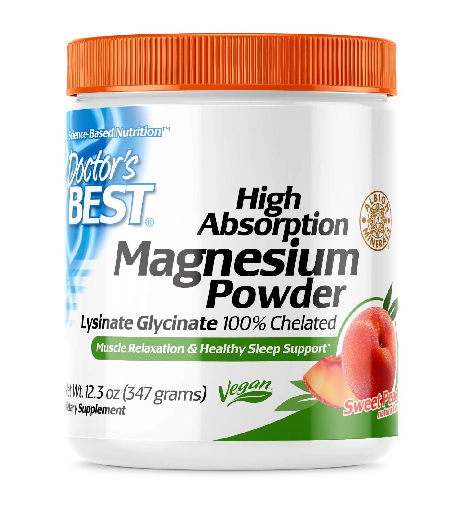 Doctor's Best High Absorption Magnesium Powder - Sweet Peach 12.3 oz | Promotes Relaxation & Muscle Health - Buy Online on GoSupps.com