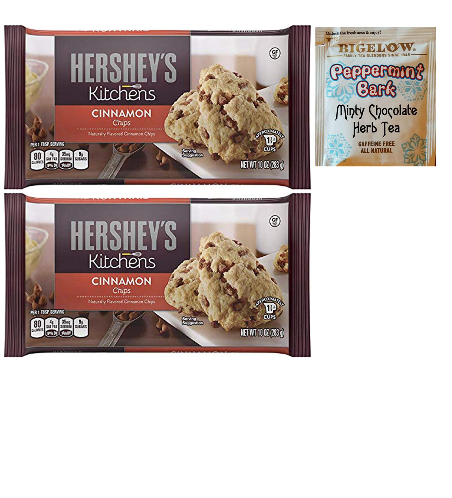 Hershey Cinnamon Flavored Chips. Convenient One Stop Shopping for Winter, Christmas or Office Party Baked Goods. Who Doesnt Love Home Made Cookies Also Includes a Bigelow Peppermint Bark Tea Sample.