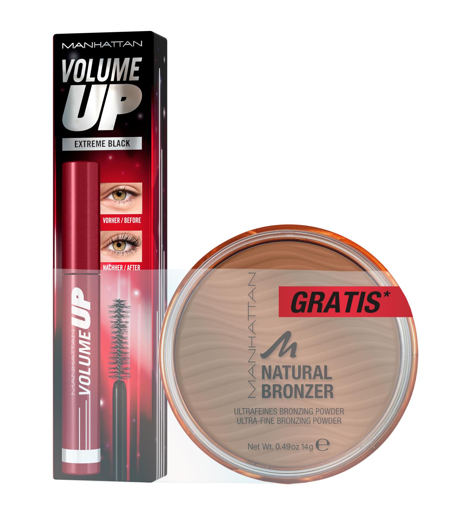 Manhattan Volume Up 001 Extreme Black Deep Black Volume Mascara with Free Bronzer