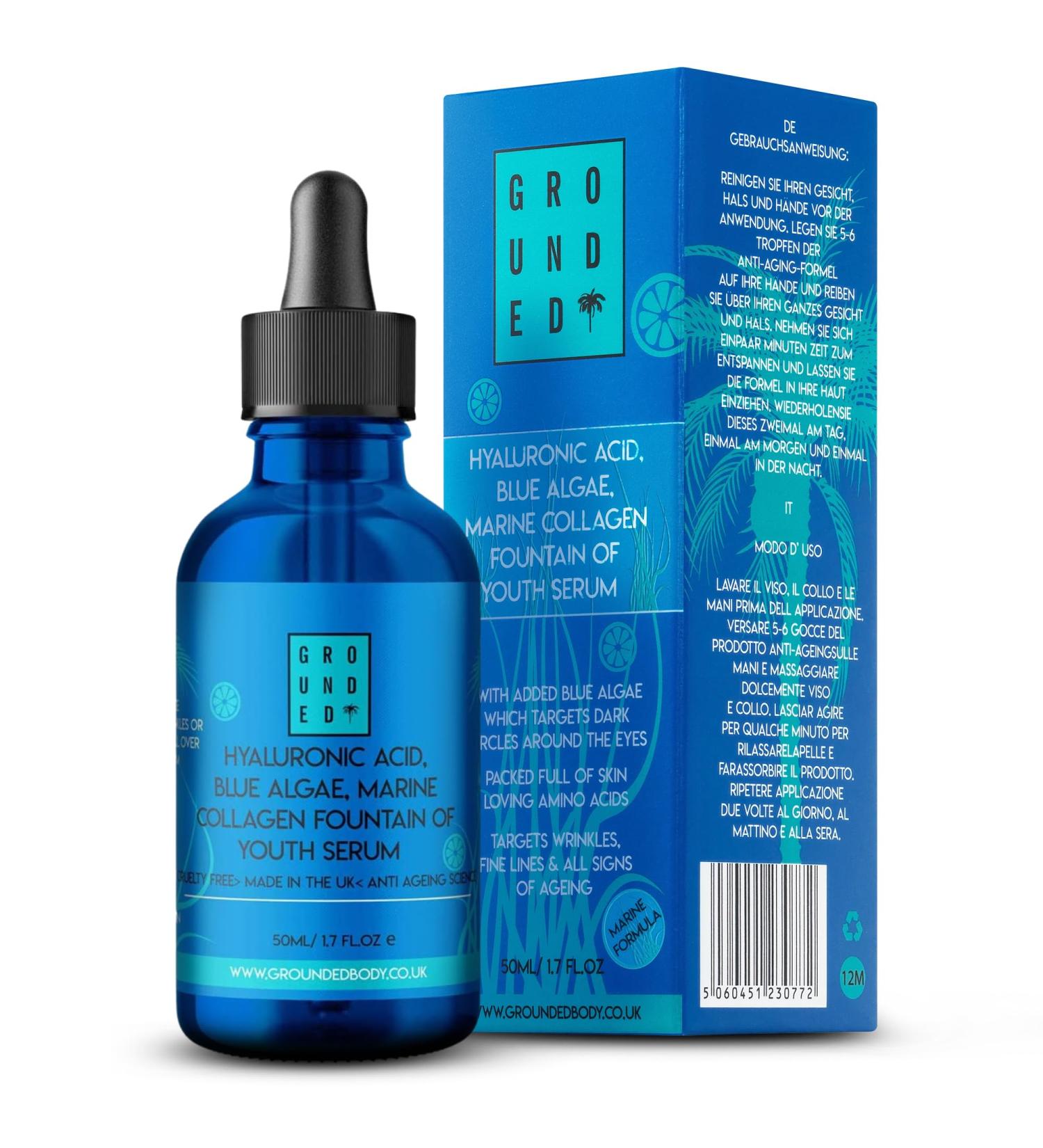 Grounded Hyaluronic Acid Serum - 50ml Large | Formulated with Blue Algae Marine Collagen Vitamin C & Biotin | Super Anti Ageing Face Solution | Targets Wrinkles Fine Lines & All Signs of Ageing - Buy Online on GoSupps.com