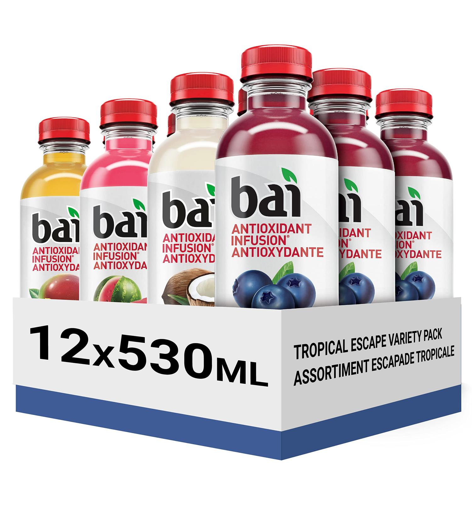 Bai Antioxidant Infusion Flavoured Water Beverage Tropical Escape Variety Pack 530 mL Bottles 12 Count 3 Each of Mango Watermelon Coconut and Blueberry 12-Tropical Escape Variety Pack - Buy Online on GoSupps.com