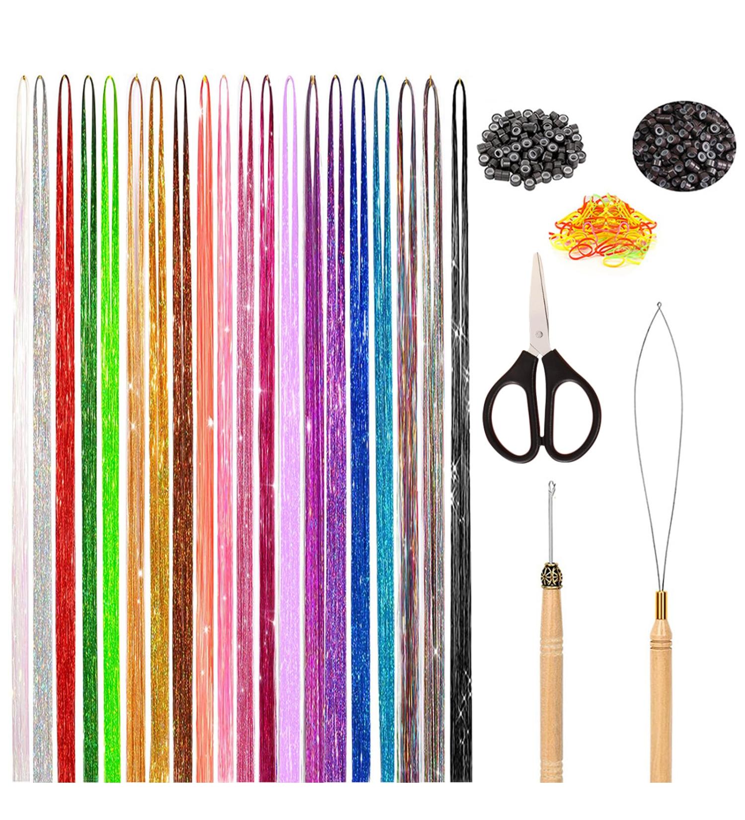 VEGCOO Hair Extensions Rainbow Colored Hair Tinsel Kit 20 Colors with Tools Glitter Synthetic Straight Hair Extensions Party Highlights Hair Accessories for Kids Girls Women - Buy Online on GoSupps.com