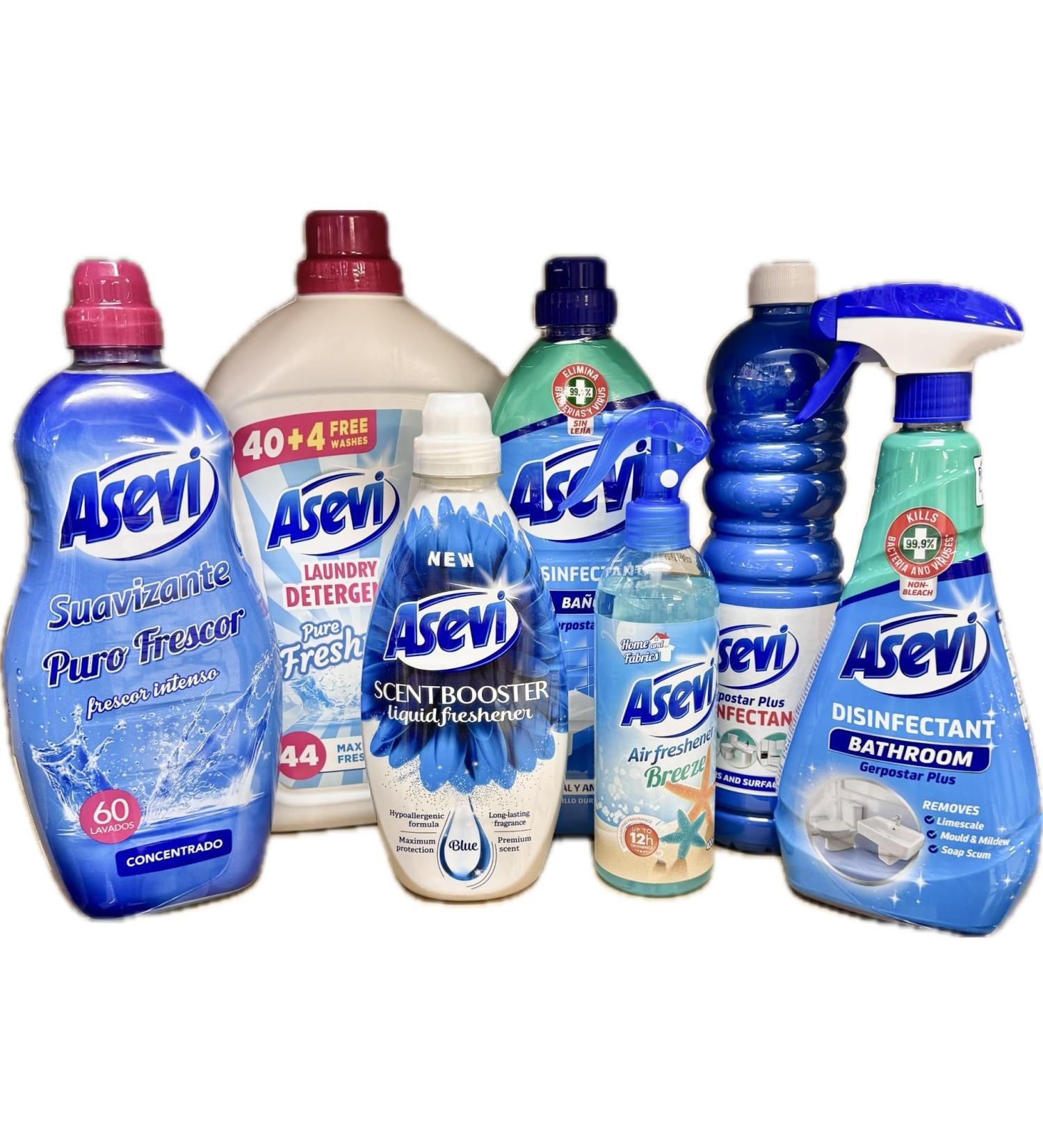 7PC Asevi Ultimate BLUE Spanish Cleaning Bundle | 40w Detergent 60w Softener Scent Booster Bano Disinfectant Floor Cleaner Bathroom Spray Fabric/Air Freshener - Buy Online on GoSupps.com