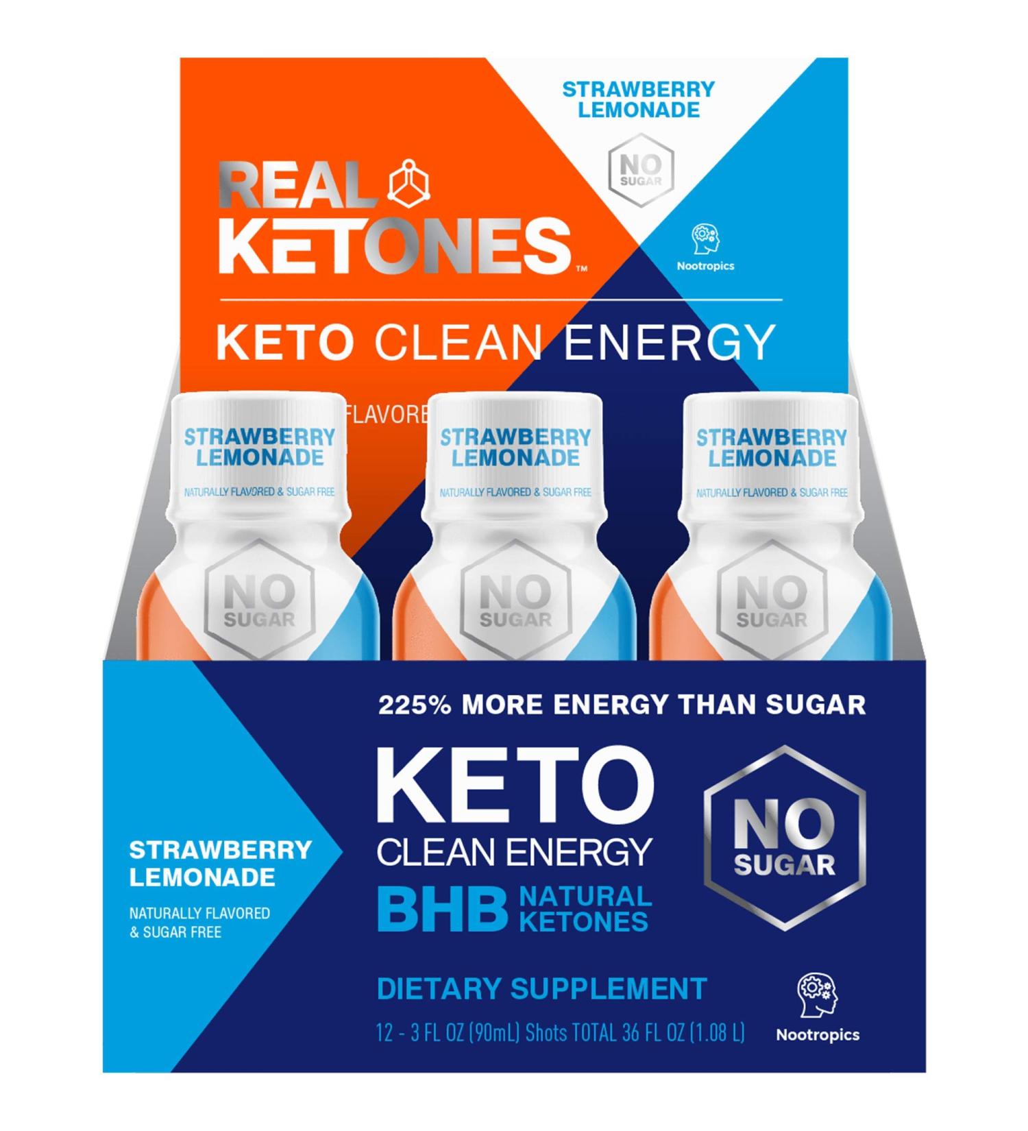 Real Ketones Keto Energy Shots - 12-Pack Exogenous Ketones Preworkout Drink with Natural Caffeine & Nootropic Blend - Strawberry Lemonade - Buy Online on GoSupps.com
