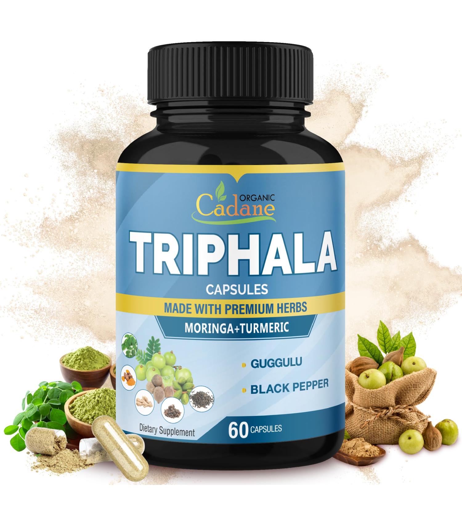 Organic Cadane Triphala Extract Capsules - 6 Premium Ingredients Complex with Turmeric Moringa Guggul Ginger and Black Pepper - 60 Caps for 2 Months Supply - Buy Online on GoSupps.com