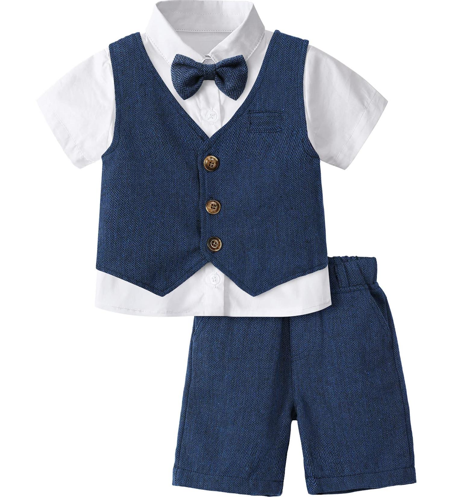 Mint Green Baby Boy 3pcs Gentleman Suit | Herringbone Wedding Christening Outfit | Shirt, Waistcoat & Shorts | 18-24 Months Navy | 1-6 Years - Buy Online on GoSupps.com
