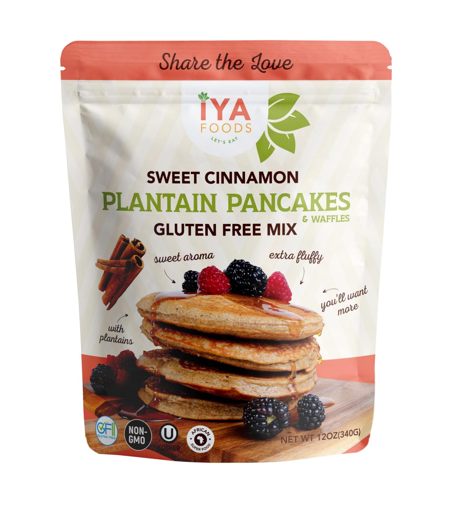 Iya Foods Sweet Cinnamon Plantain Pancakes & Waffle Gluten Free Mix 12oz (Pack of 2) | Certified Gluten Free, Kosher Certified, Non-GMO | Includes Premium Green Plantains Cinnamon Plantain 12 Ounces