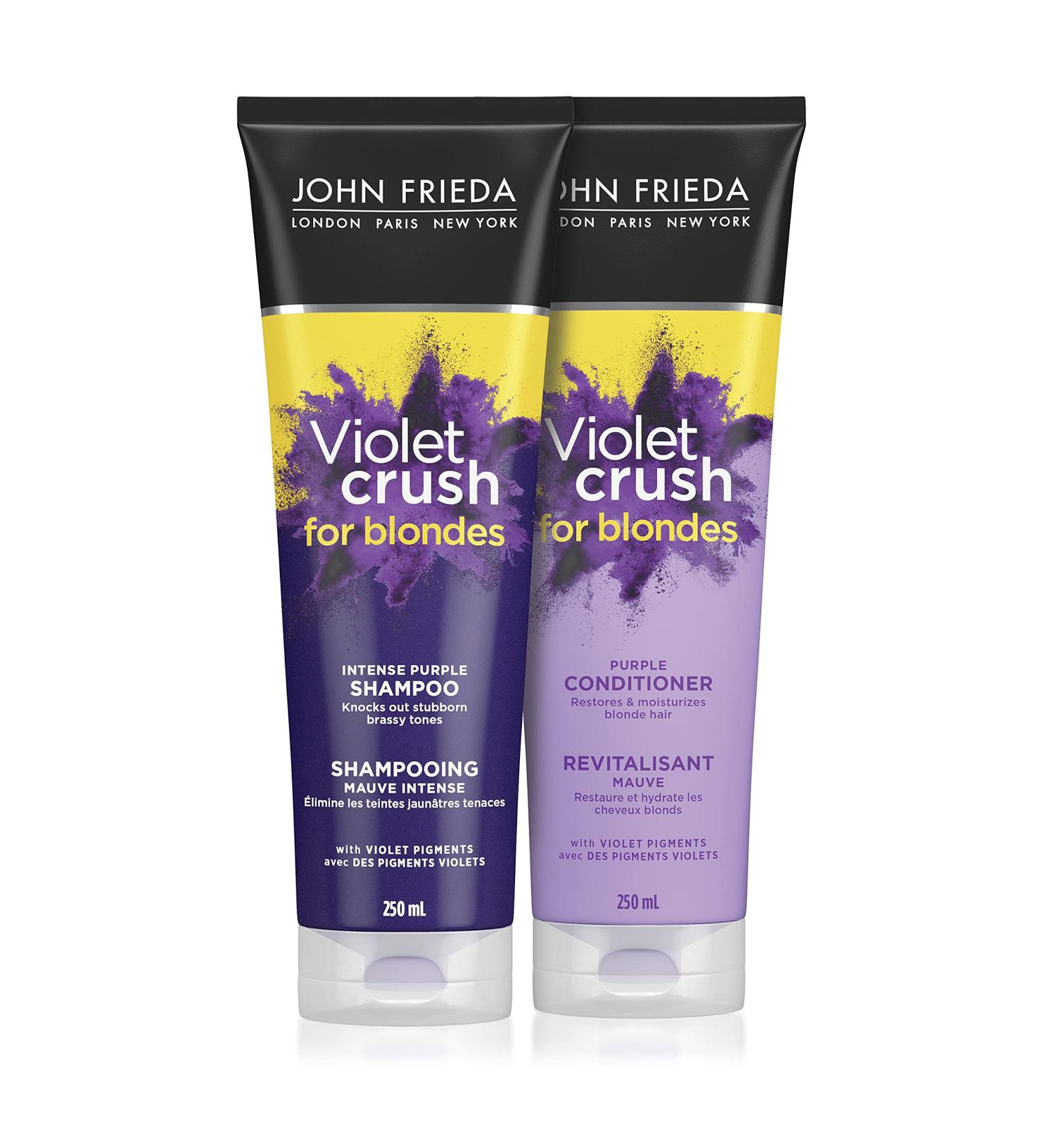 John Frieda Violet Crush Intense Brass Fighting Duo Intense Purple Shampoo + Conditioner Set with crushed violet pigments | Hair Toner for Brass in natural colour-treated and platinum blonde hair - Buy Online on GoSupps.com