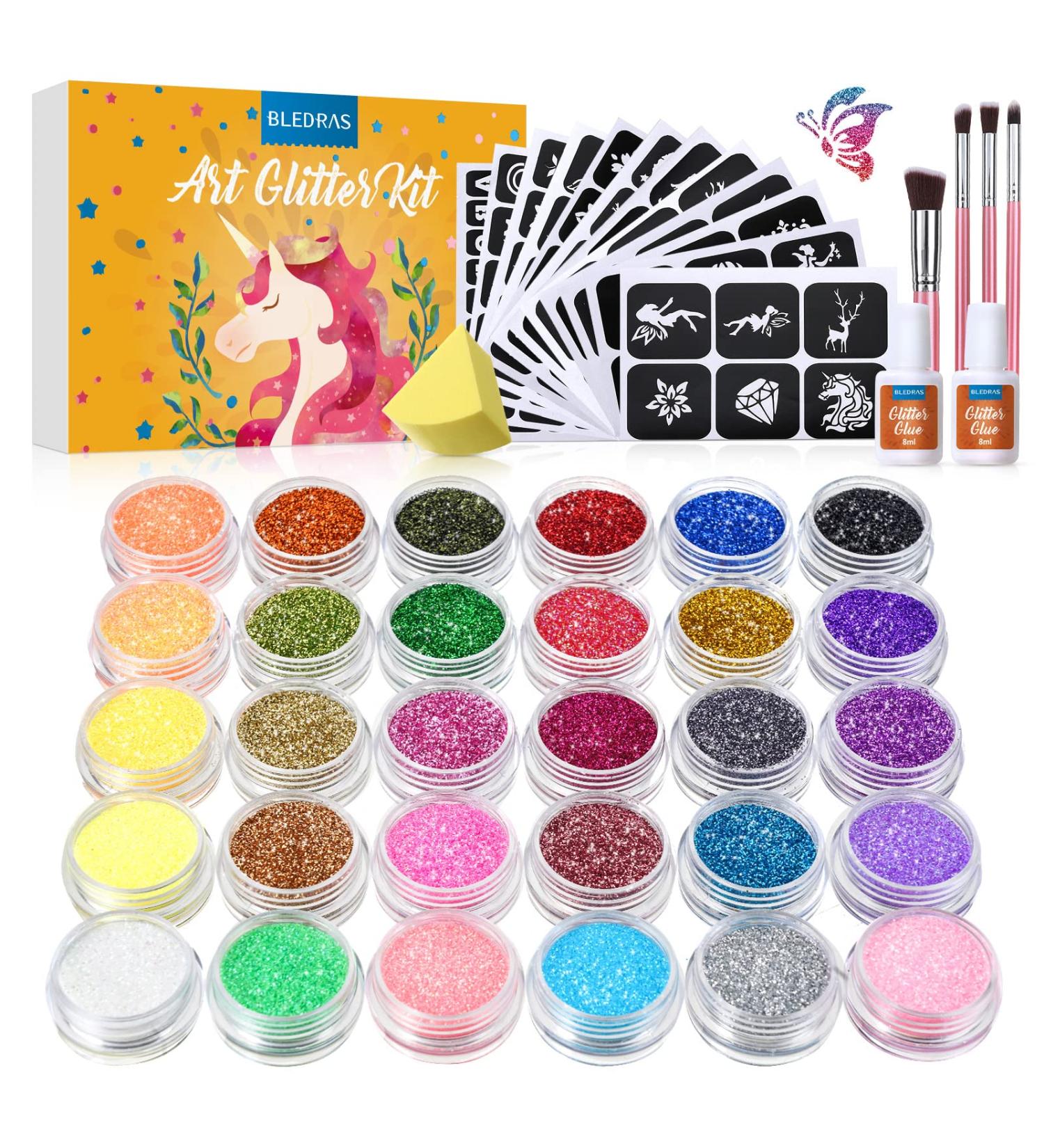 Glitter Tattoo Kids Set - 30 Colors, 147 Stencils, Brushes, Glue - Arts Glitter for Girls, Boys, Birthday, Festival - Gifts for Kids & Adults - Yellow - Buy Online on GoSupps.com