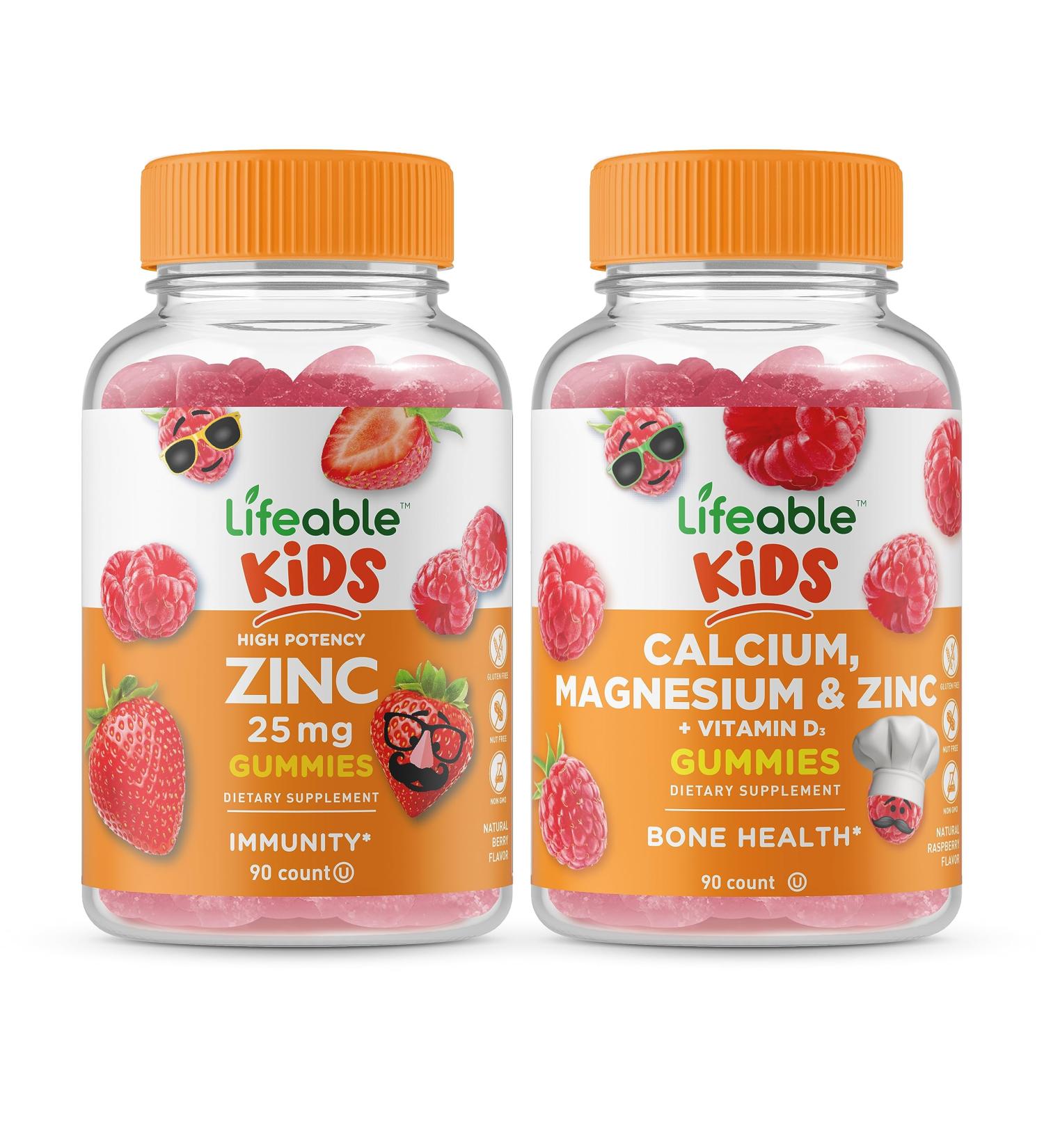 Lifeable Zinc 25mg Kids + Calcium Magnesium & Zinc Kids Gummies Bundle - Great Tasting Vitamin Supplement Gluten Free GMO Free Chewable Gummy