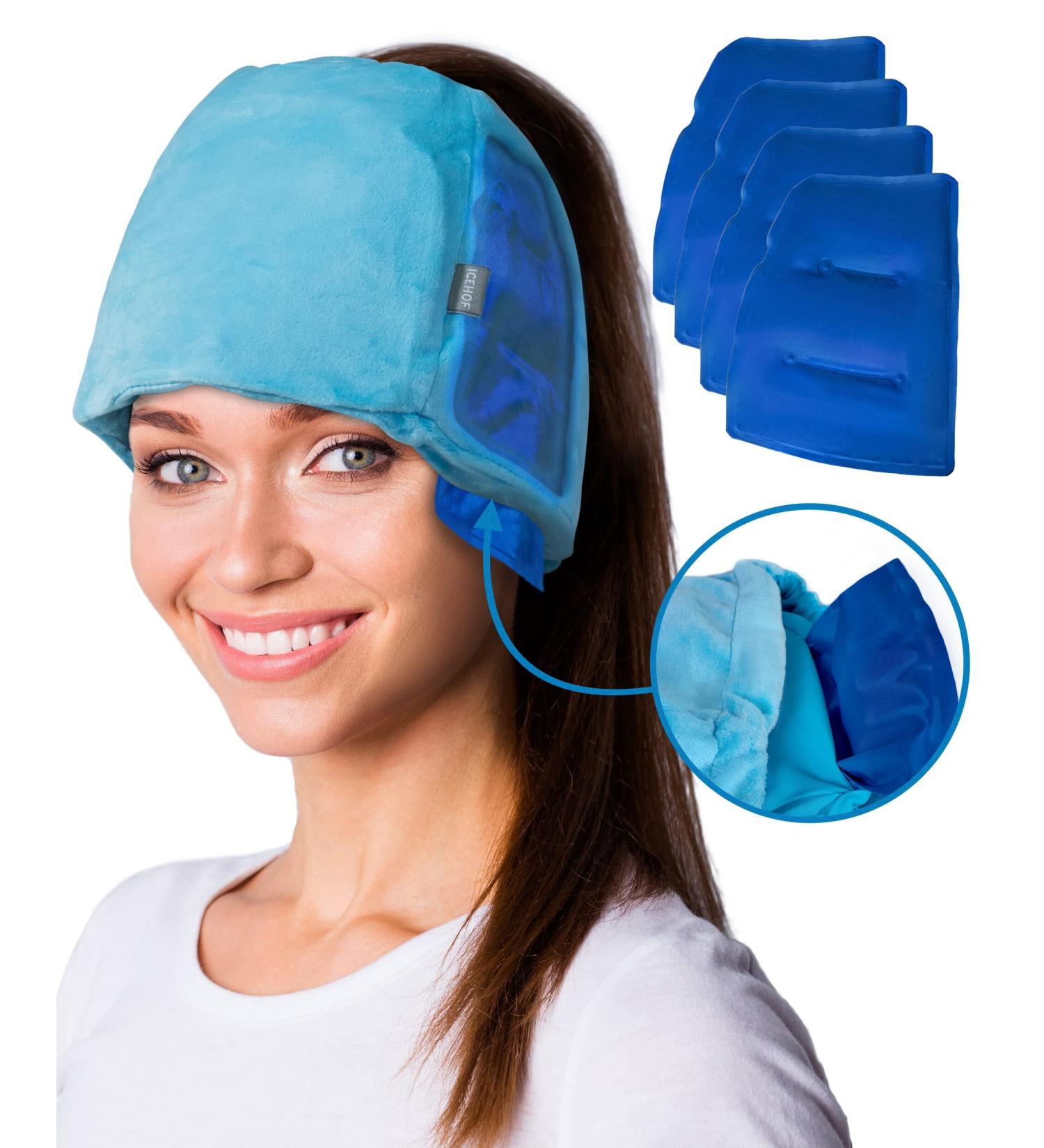 IceHOF Cooling Cap - 4 Cooling Packs 3D Mask with Hair Opening Removable Cooling Gel Hat for Chemo Therapy Migraine & Headache Relief - Blue - Buy Online on GoSupps.com