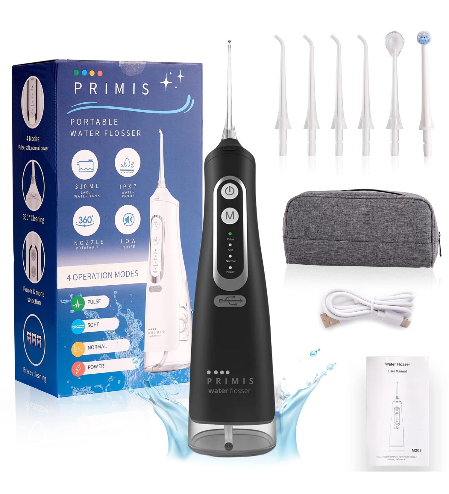 PRIMIS Cordless Water Flosser - 4 Modes, Large 310ML Tank, 6 Jet Tips, USB Rechargeable - Oral Irrigator for Travel & Home - Plaque Remover for Teeth - Waterproof (White/Black) - Buy Online on GoSupps.com
