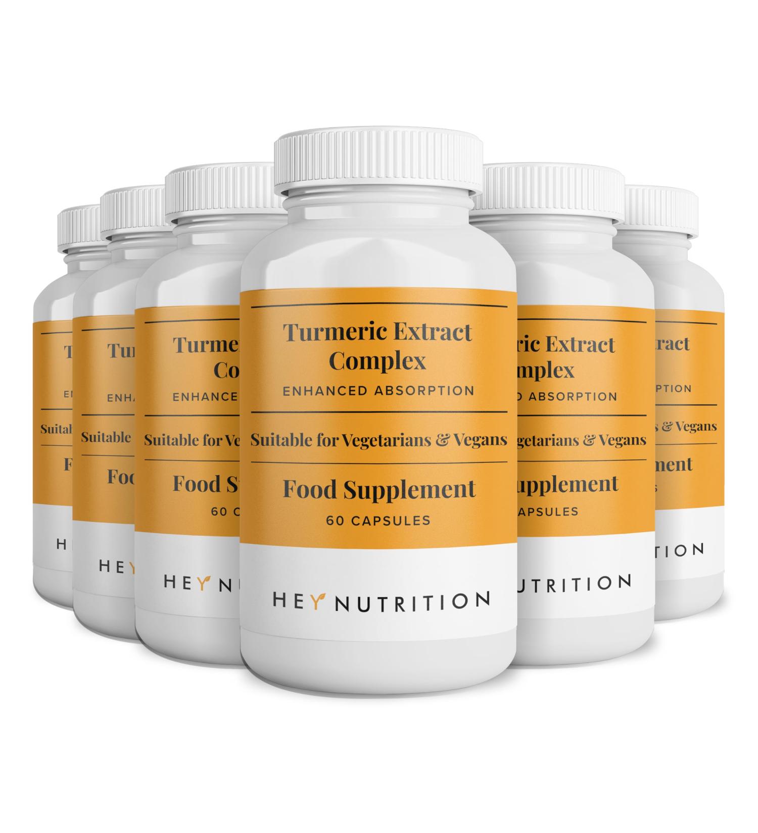 Hey Nutrition Turmeric Extract Complex - Vitamin D3 & C Black Pepper Extract - Support Muscle & Joint Relief - Maximum Potency & Enhanced Absorption - UK Manufactured - 6 Pack - 360 Vegan Capsules 60 count (Pack of 6) - Buy Online on GoSupps.com