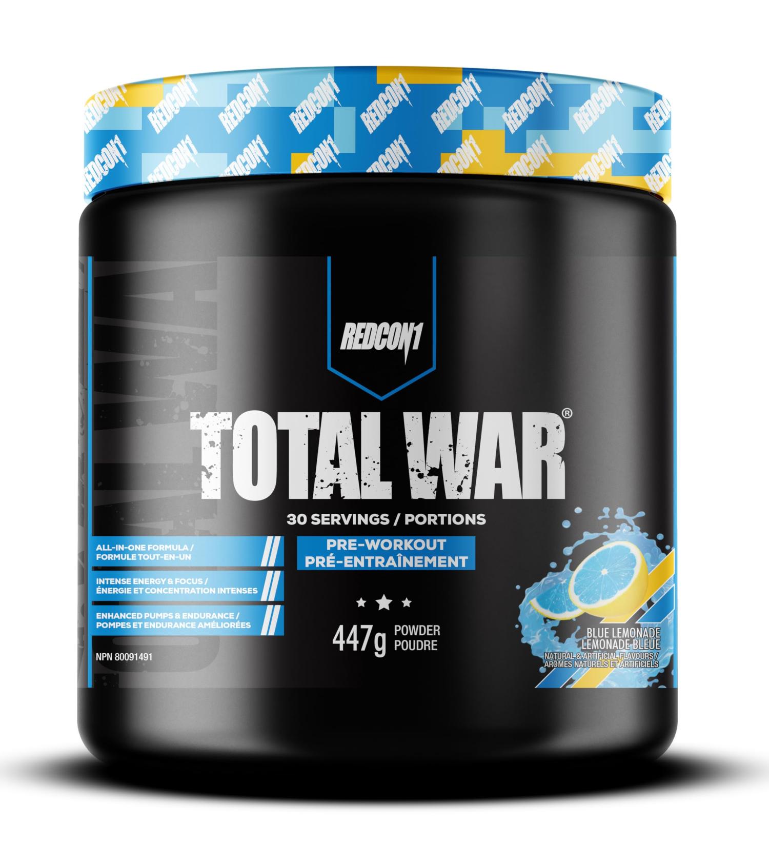 REDCON1 Total War Pre Workout Powder Blue Lemonade - Beta Alanine + Citrulline Malate Vegan & Keto Friendly Preworkout for Men & Women with 250mg of Caffeine - Fast Acting HMB (30 Servings) - Buy Online on GoSupps.com