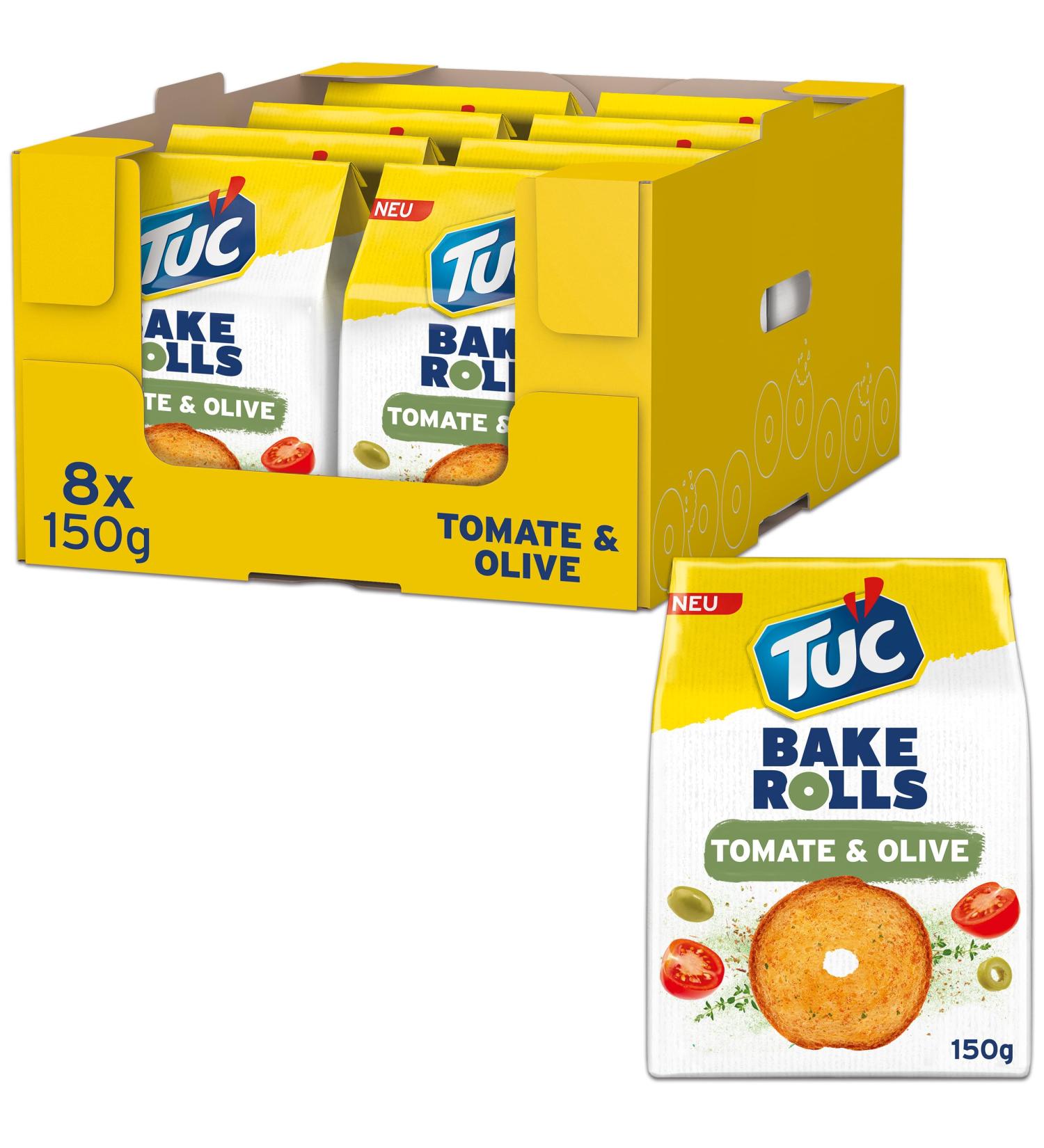 TUC Bake Rolls Tomato & Olive - Crispy Bread Chips & Snack Chips Bulk Pack 8 x 150g | 1.2kg International Shipping - Buy Online on GoSupps.com
