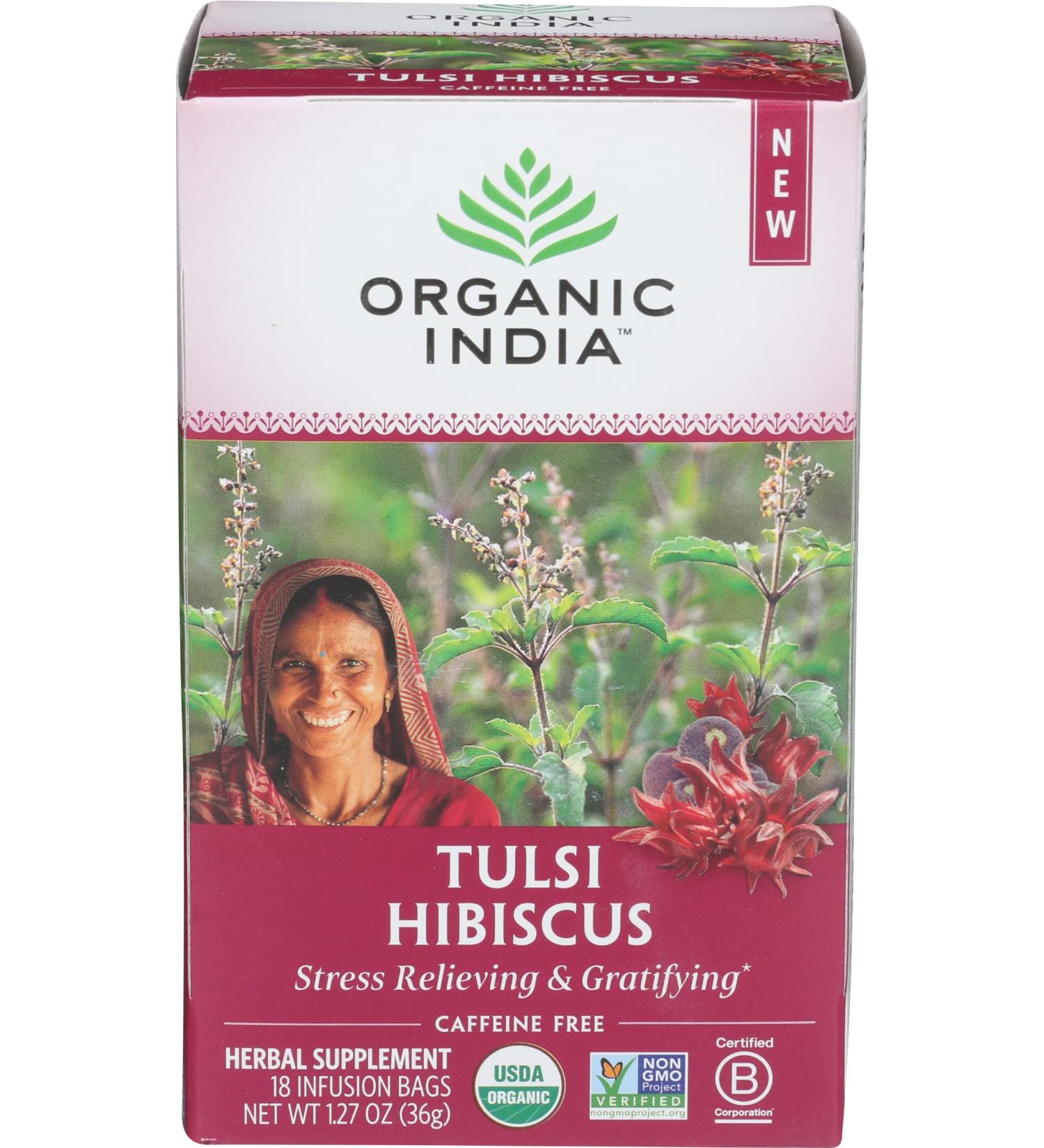 Organic India Tulsi Hibiscus Tea Infusion - 18 Count - Herbal Wellness Brew - Buy Online on GoSupps.com