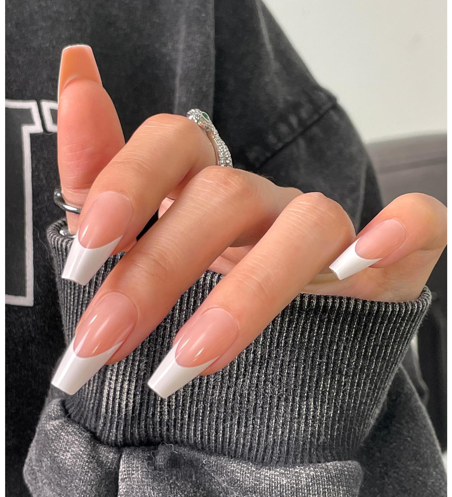 Morily Light Pink French Tip Press on Nails - 30pcs Long Coffin Reusable Fake Nails with Glossy Design 15 Sizes & Glass File - Perfect for Women - Buy Online on GoSupps.com