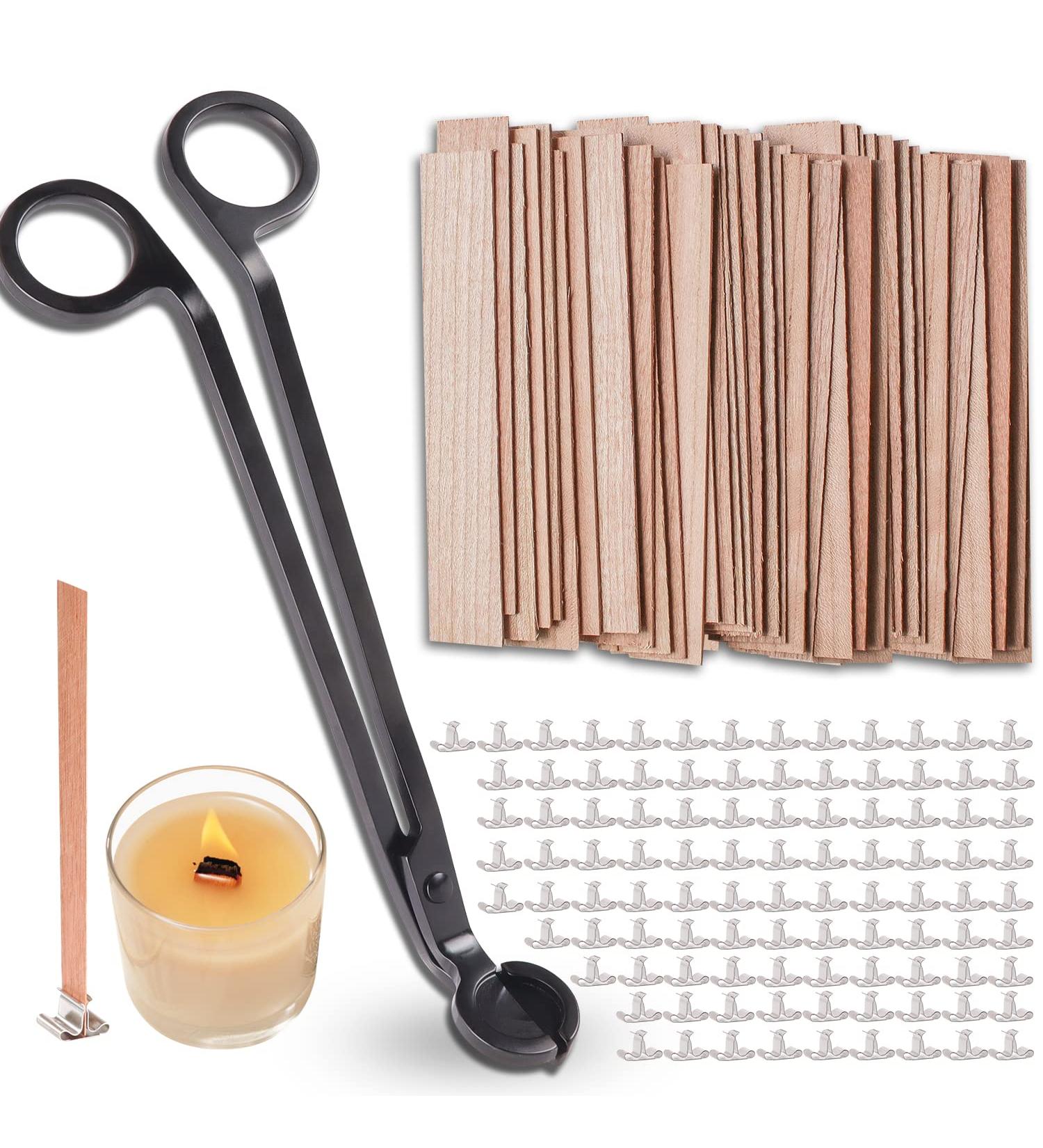200Pcs Wooden Candle Wicks 5.1 x 0.5 Inch for DIY Candle Making - Smokeless Natural Wood Wicks with Wick Trimmer and Stand (100 Set) - Buy Online on GoSupps.com