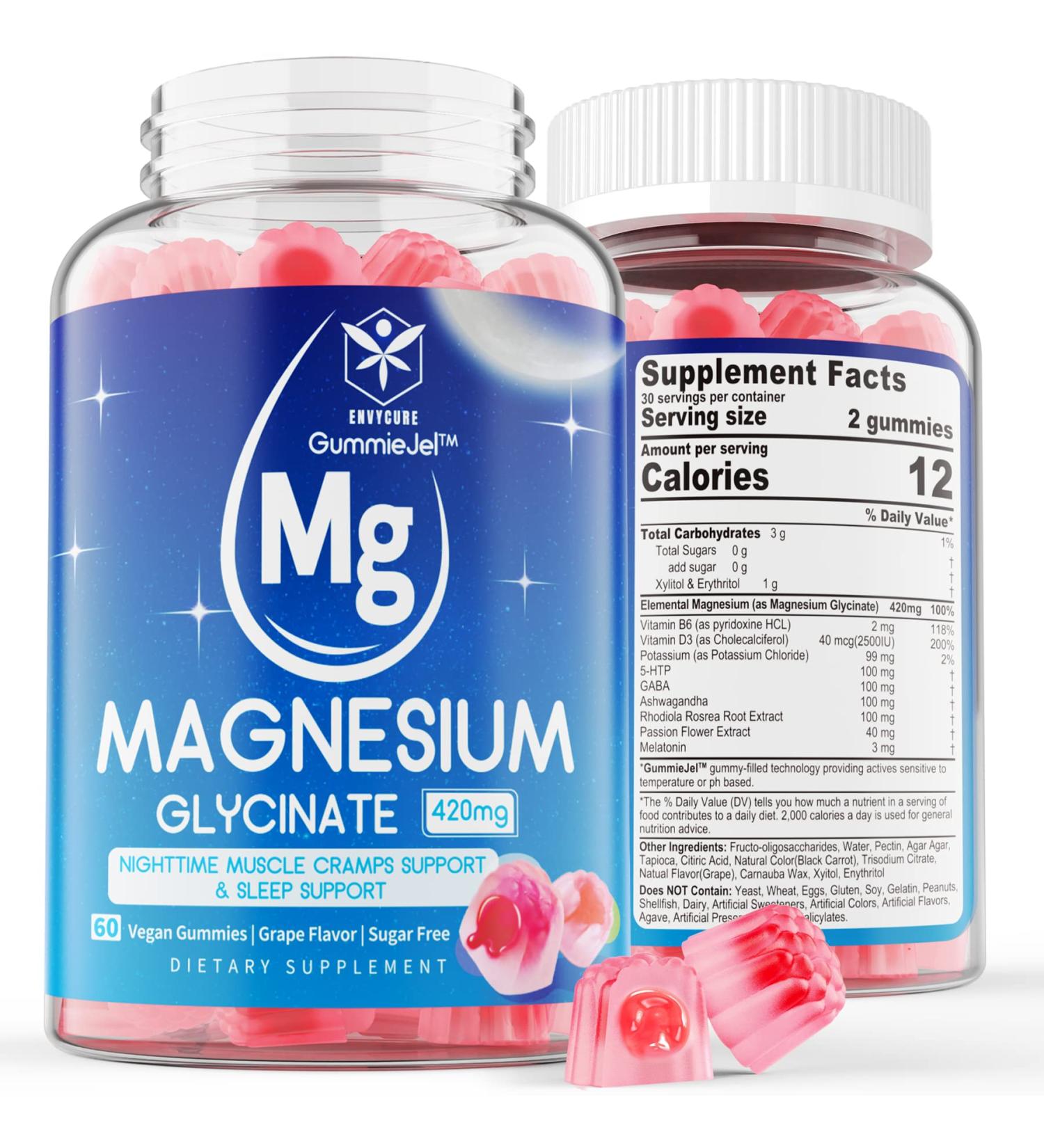 High Absorption Sugar-Free Magnesium Glycinate Gummies 420mg Supplement with Potassium, D3 & Ashwagandha - Vegan Chewables for Calm Sleep & Muscle Cramp Support - Buy Online on GoSupps.com