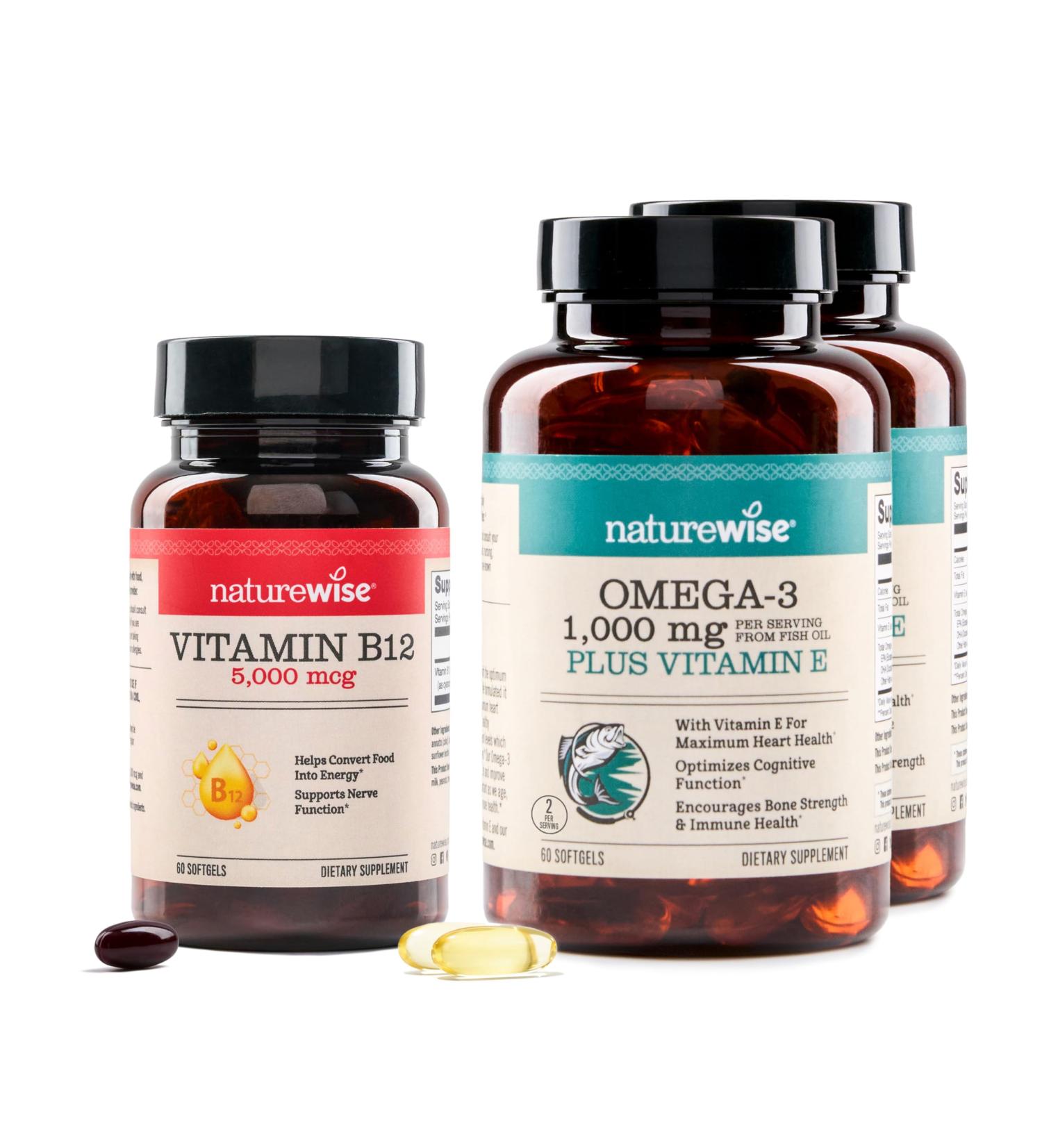 NatureWise 1 Vitamin B12 5000 mcg - Extra Strength - Non-GMO - 60 Softgels 60-Day Supply + (Pack of 2) Omega 3 Fish Oil 1000mg + Vitamin E - Wild-Caught - 60 Softgels 30-Day Supply  - Buy Online on GoSupps.com