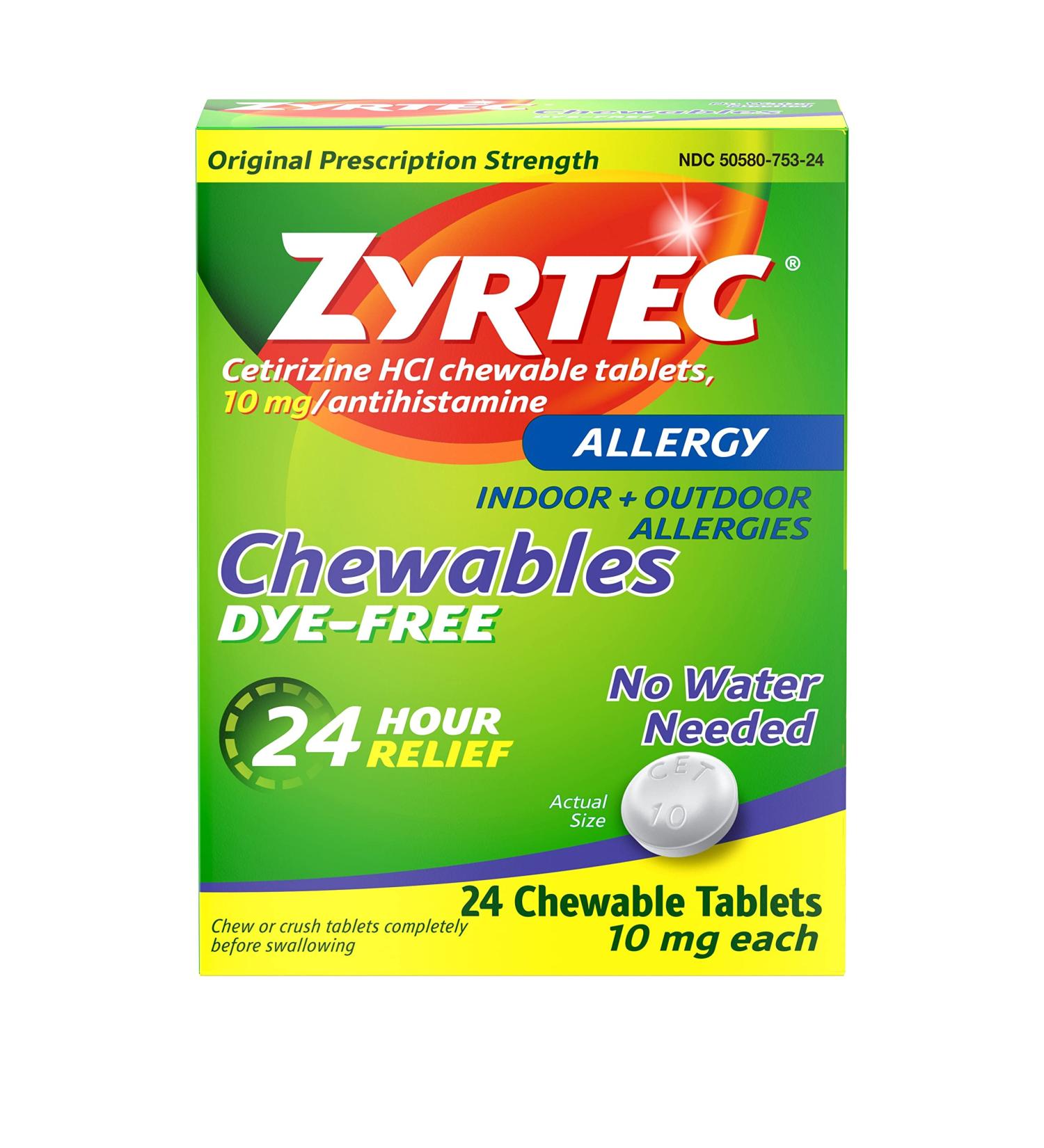 Zyrtec 24-Hour Allergy Relief Chewable Tablets - 10mg Cetirizine HCl - Dye-Free - 24 CT - Buy Online on GoSupps.com