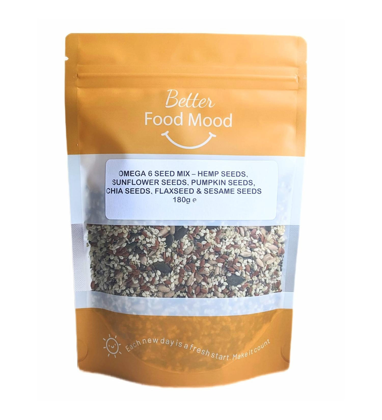 Better Food Mood Omega 6 Seed Mix for Eating 180g | Chia Seeds Hemp Seeds Flaxseed Sunflower Pumpkin Seeds Sesame Seeds Mix | Unsalted Unroasted Mixed Seeds to Eat - Buy Online on GoSupps.com