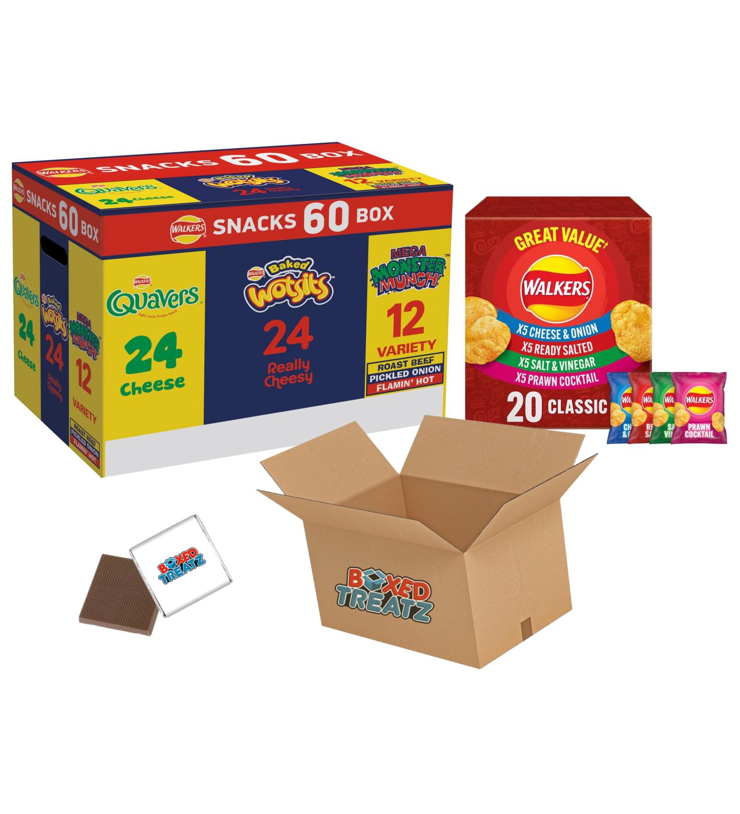 Walkers Crisps Snack Variety Box Pack Of 60 + Walkers Classic Variety Multipack Crisps Pack Of 20x25g (Total 80 Pack) Boxed Treatz - Buy Online on GoSupps.com