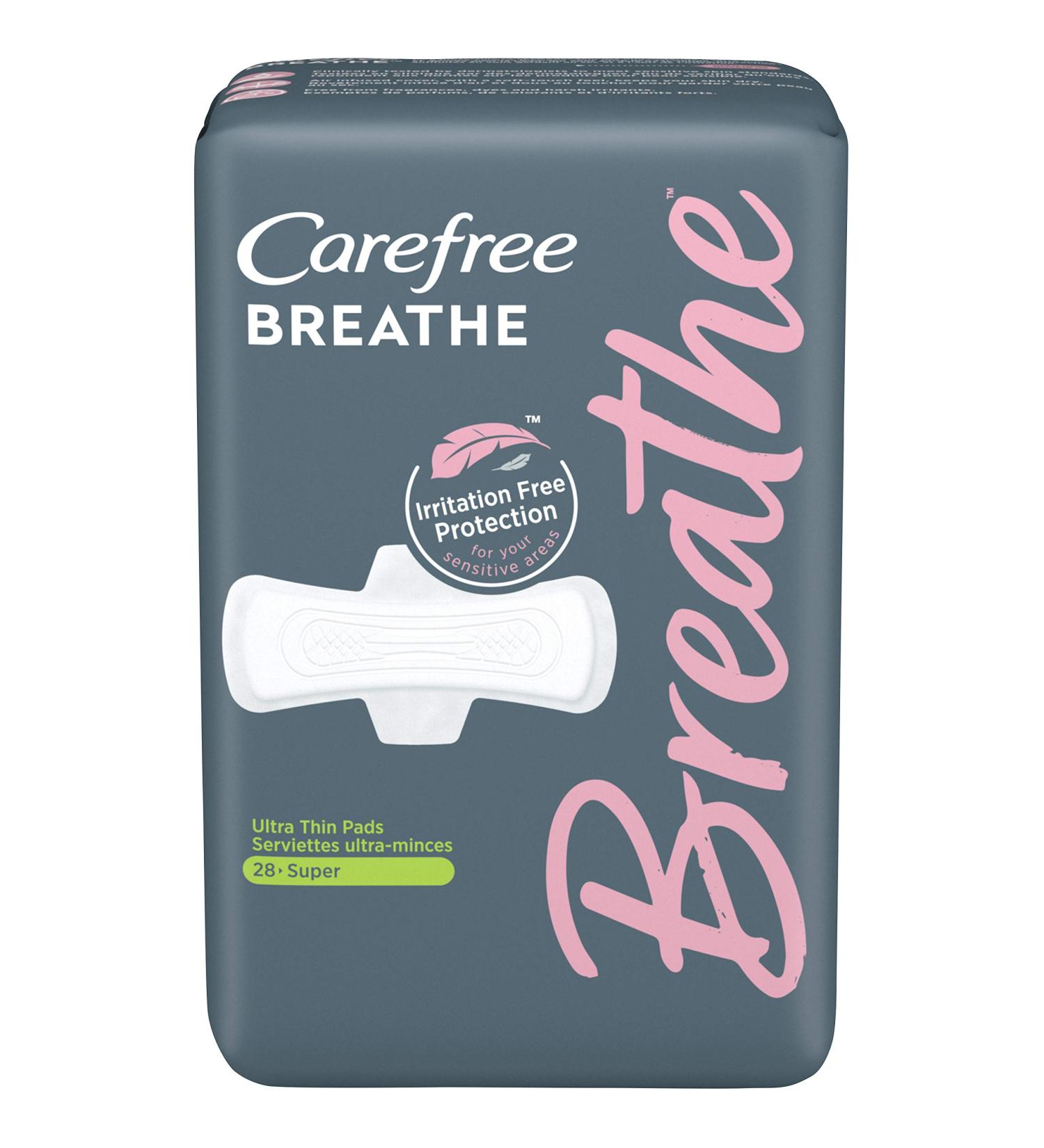Carefree Breathe Ultra Thin Super Pads with Wings - 28 Count | Irritation-Free & Unscented - Buy Online on GoSupps.com