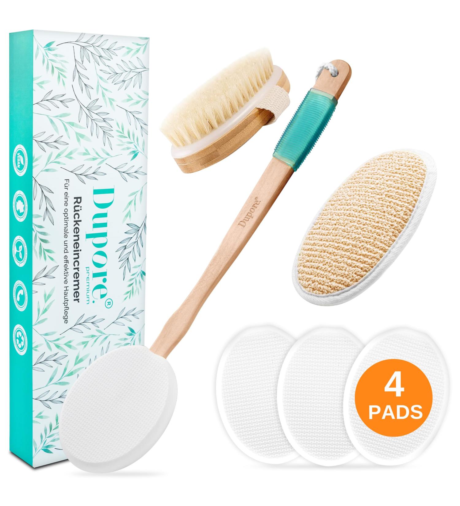 Dupore Premium Creaming Aid for Back - 2024 Set with Wood Brush Peeling Sponge & Replacement Pads - Gentle Skin Care Solution - Buy Online on GoSupps.com