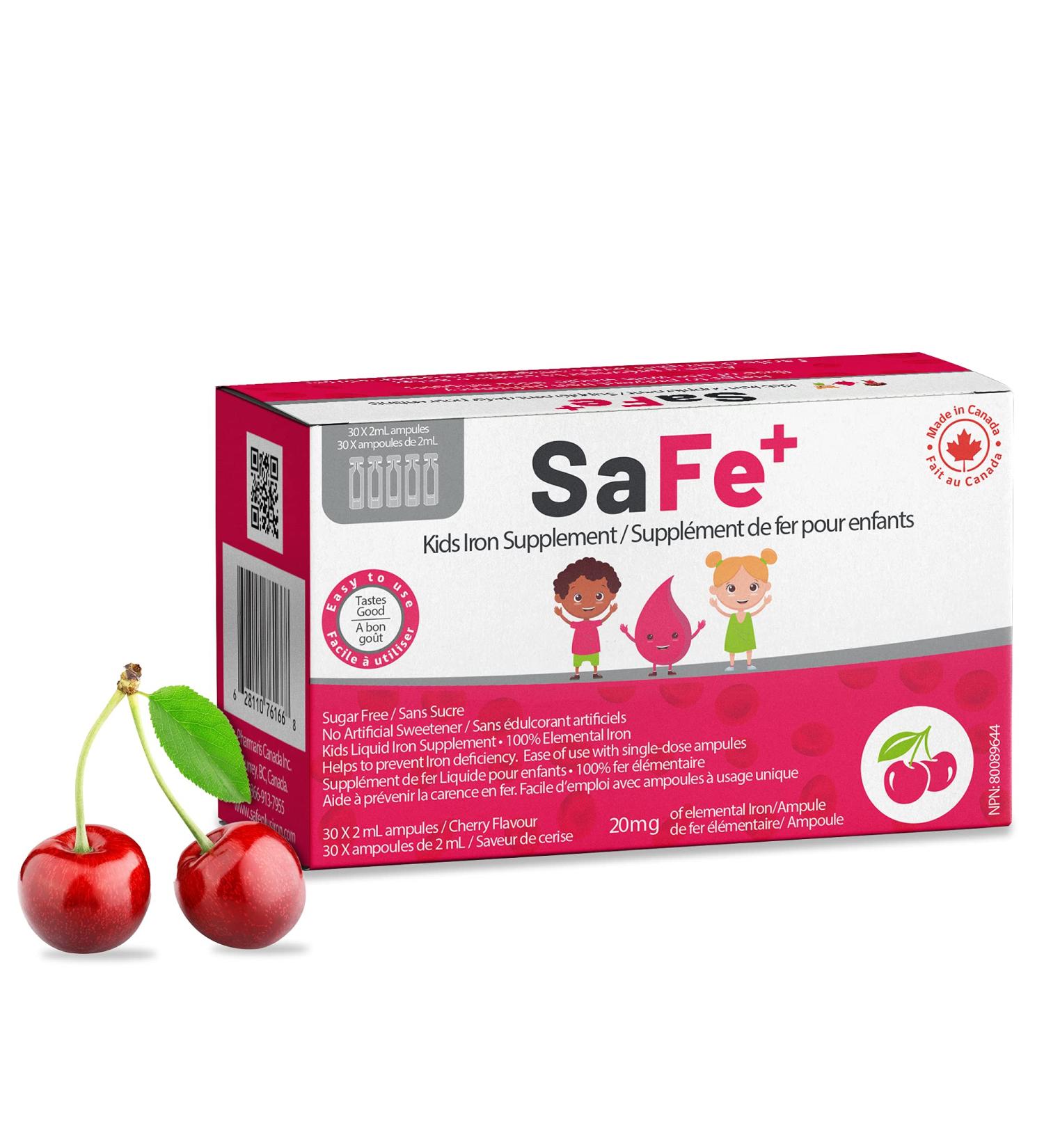 SaFe+ Liquid Iron for Children - 20mg/2mL Cherry Flavor - 30 Unit-Doses - Sugar Free & Allergen Free - Promotes Physical & Mental Wellbeing - Buy Online on GoSupps.com
