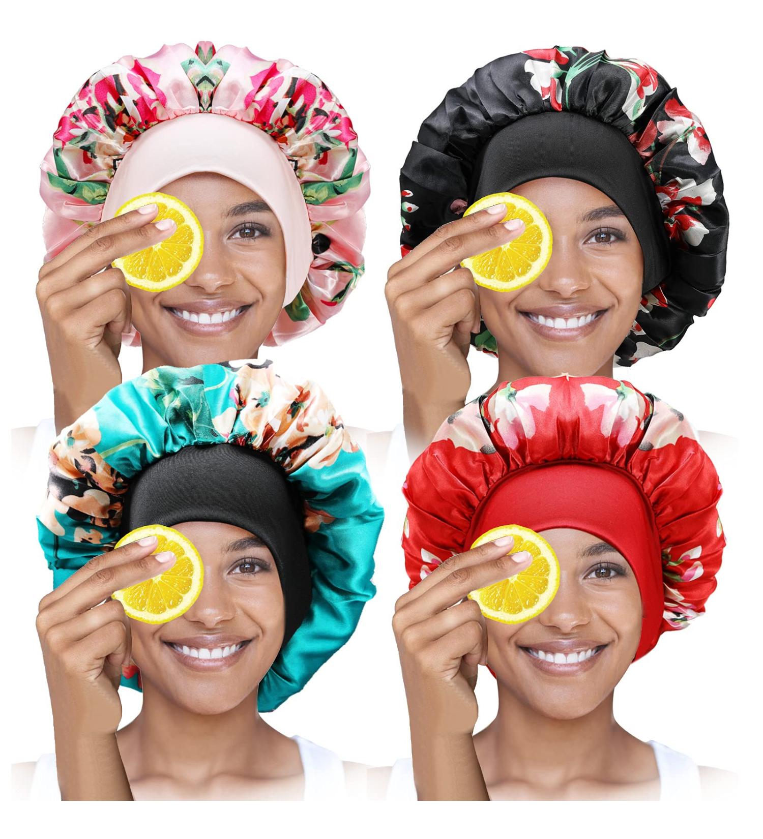 4-Piece Satin Sleeping Hat Set for Women | Silk Bonnet & Shower Cap | Hair Care Turbans in Green Red Pink & Black - Buy Online on GoSupps.com