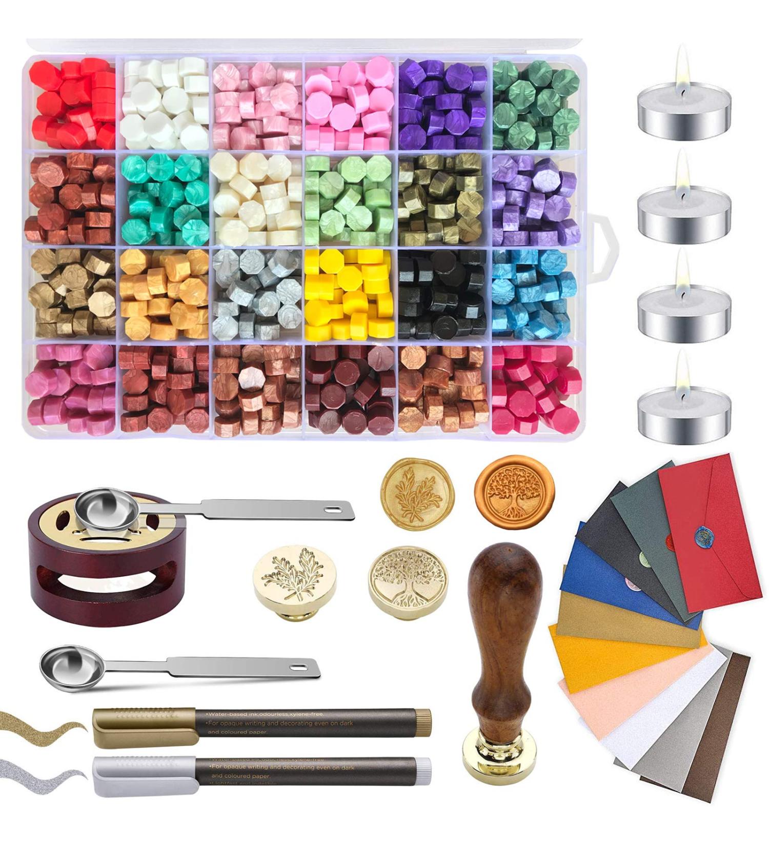 7-in-1 Wax Seal Stamp Kit with 24 Colors Beads - 648 Pcs | Perfect for Wedding Invitations, Mails, Cards, Gifts - Buy Online on GoSupps.com