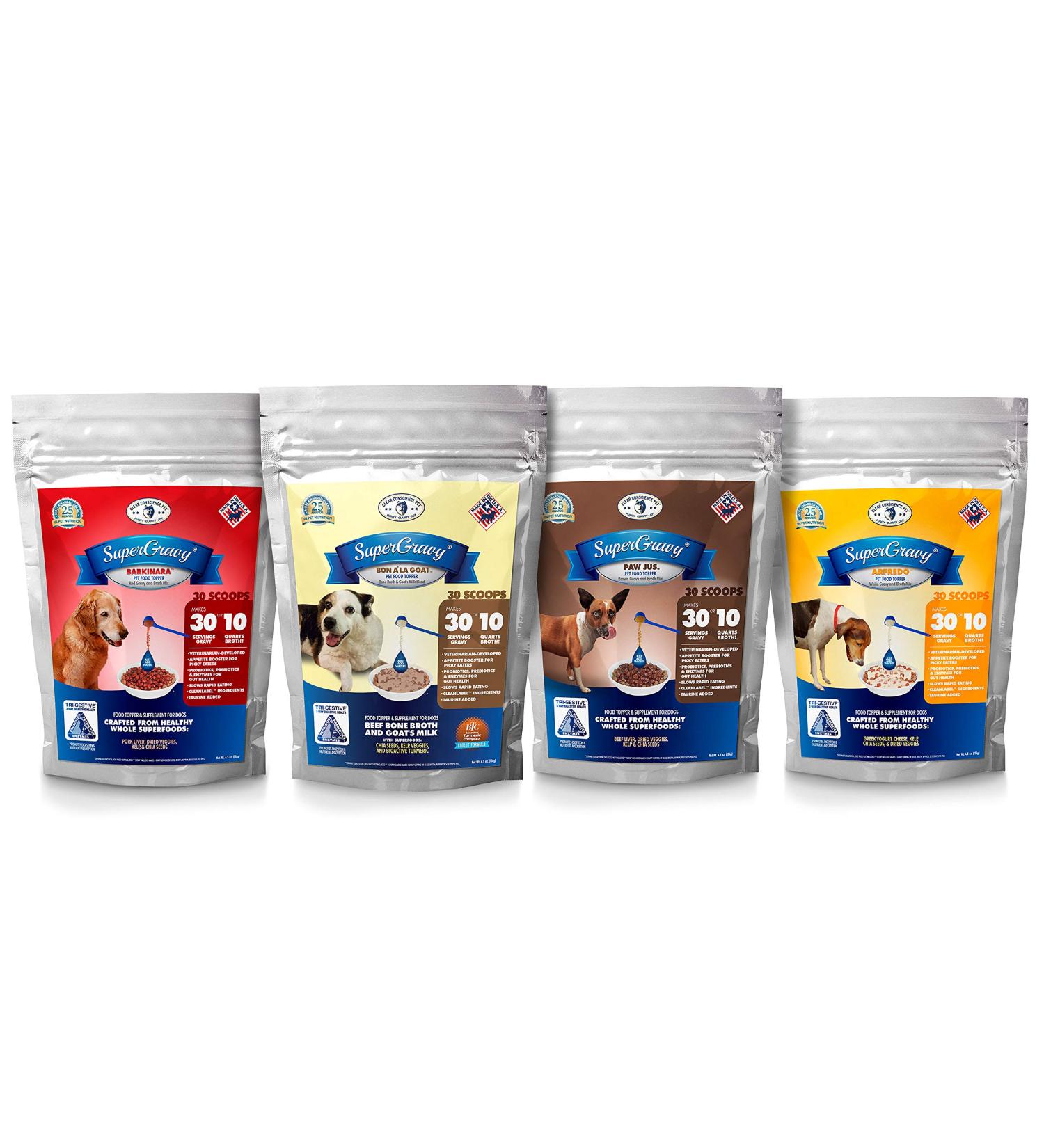 SuperGravy The Ultimate Gravy Four-Pack - Natural Dog Food Gravy Topper - Hydration Broth Food Mix - Human Grade 30 Scoop Bags, 120 Scoop, 01108