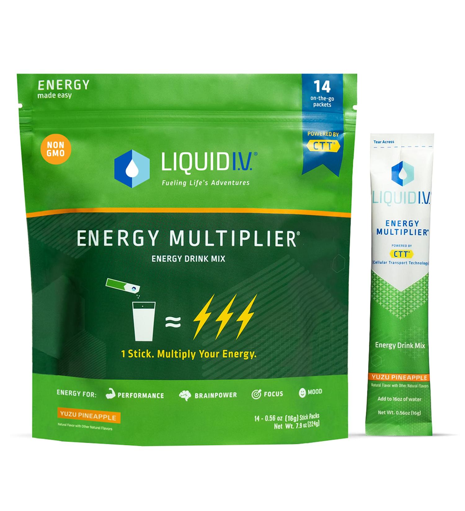 Liquid I.V. Yuzu Pineapple Energy Multiplier | Energy Powder Drink Sticks | Proprietary Energy Blend | Natural Caffeine | Easy Open Single-Serving Stick | Non-GMO | Yuzu Pineapple - 14 Sticks 14 Count (Pack of 1) - Buy Online on GoSupps.com