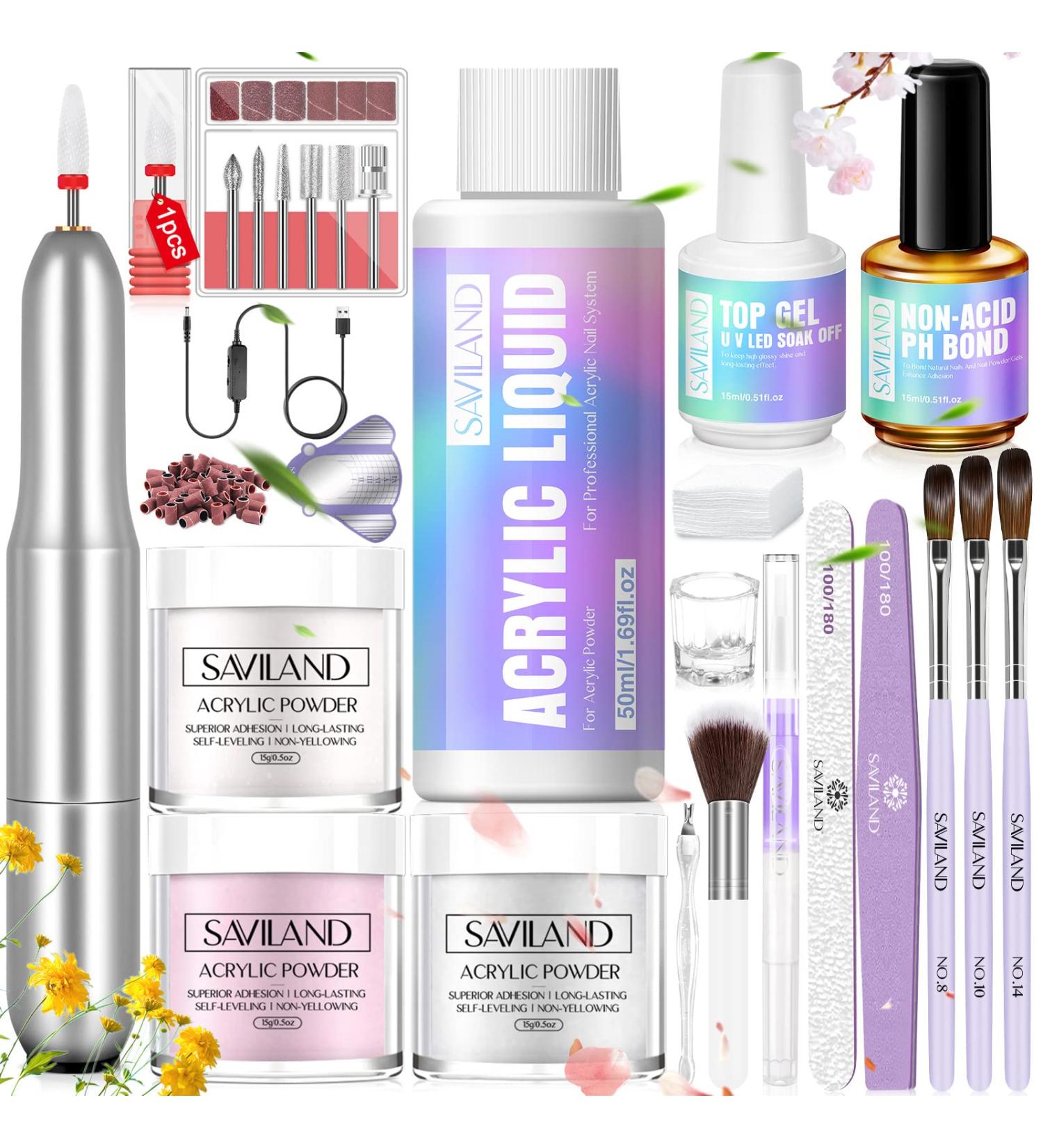 SAVILAND Acrylic Nail Kit with Drill - Complete Professional Set for Beginners | 45g Acrylic Powder 50ml Liquid Nail Brush & Tools - Buy Online on GoSupps.com
