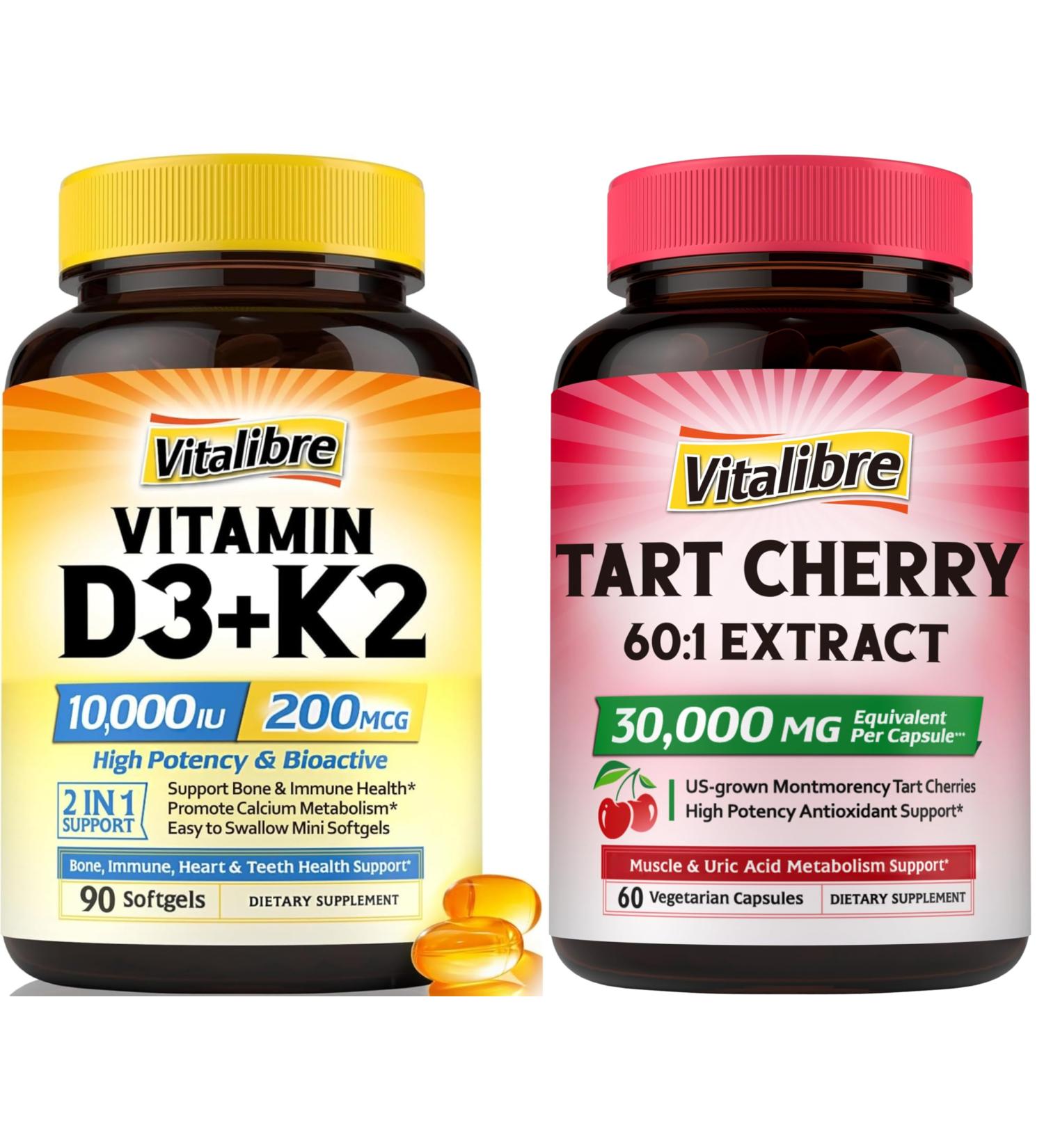 Vitalibre Vitamin D3 K2 Supplement 10000 IU 90 Softgels and Tart Cherry Capsules 60 Capsules - Buy Online on GoSupps.com