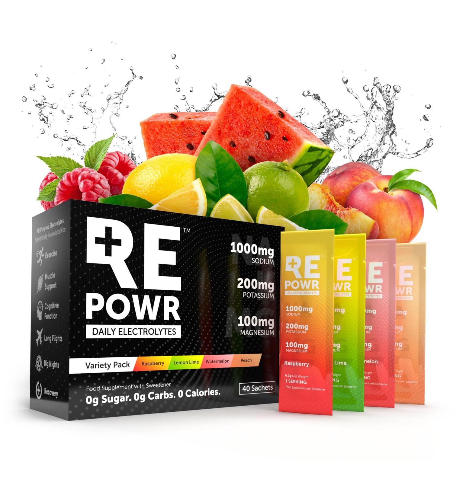 REPOWR - Electrolytes Made with Oryx Desert Salt | No Sugar. No Carbs. No Calories. | Clean Hydration for Healthy Diets Fasting and Exercise | Natural Ingredients | 40 Sachets Variety Pack Variety - Raspberry Lemon Lime Peach & Watermelon 40 Servings (Pac - Buy Online on GoSupps.com