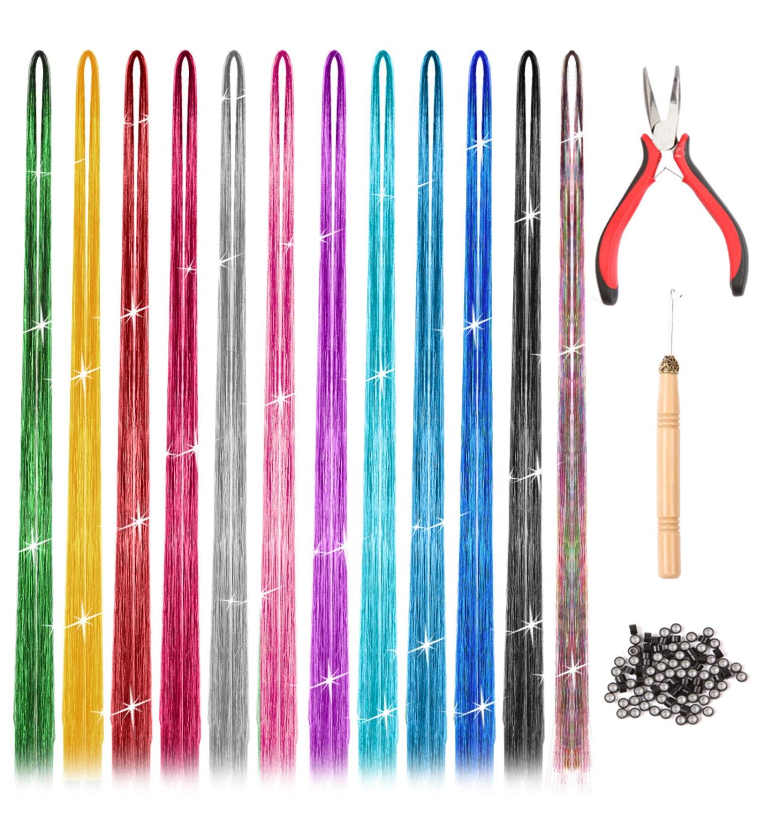 47 Hair Tinsel Kit with Tool - 12 Colors, 2400 Strands Glitter Fairy Hair Extensions for Women & Girls - Perfect for Christmas, New Year, Halloween Parties - Buy Online on GoSupps.com