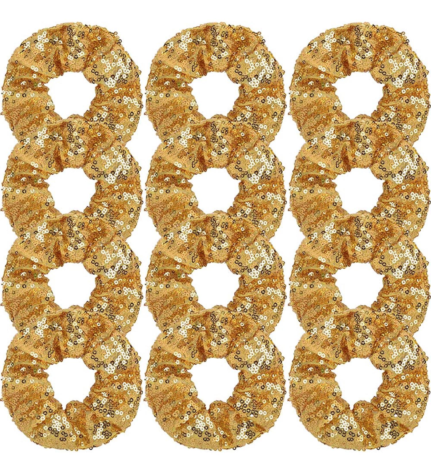 Gold Sequin Bridesmaid Scrunchies Set - 12 Pcs Ponytail Holders for Girls & Women - Buy Online on GoSupps.com