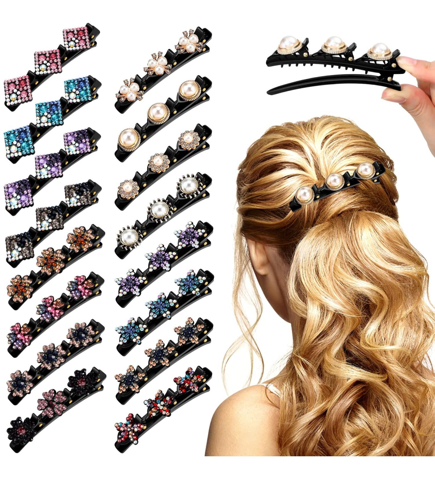 Crystal Stone Braided Hair Clips Set - 16 Pcs Pearl Flower Rhinestones Hairpin for Women and Girls - Buy Online on GoSupps.com