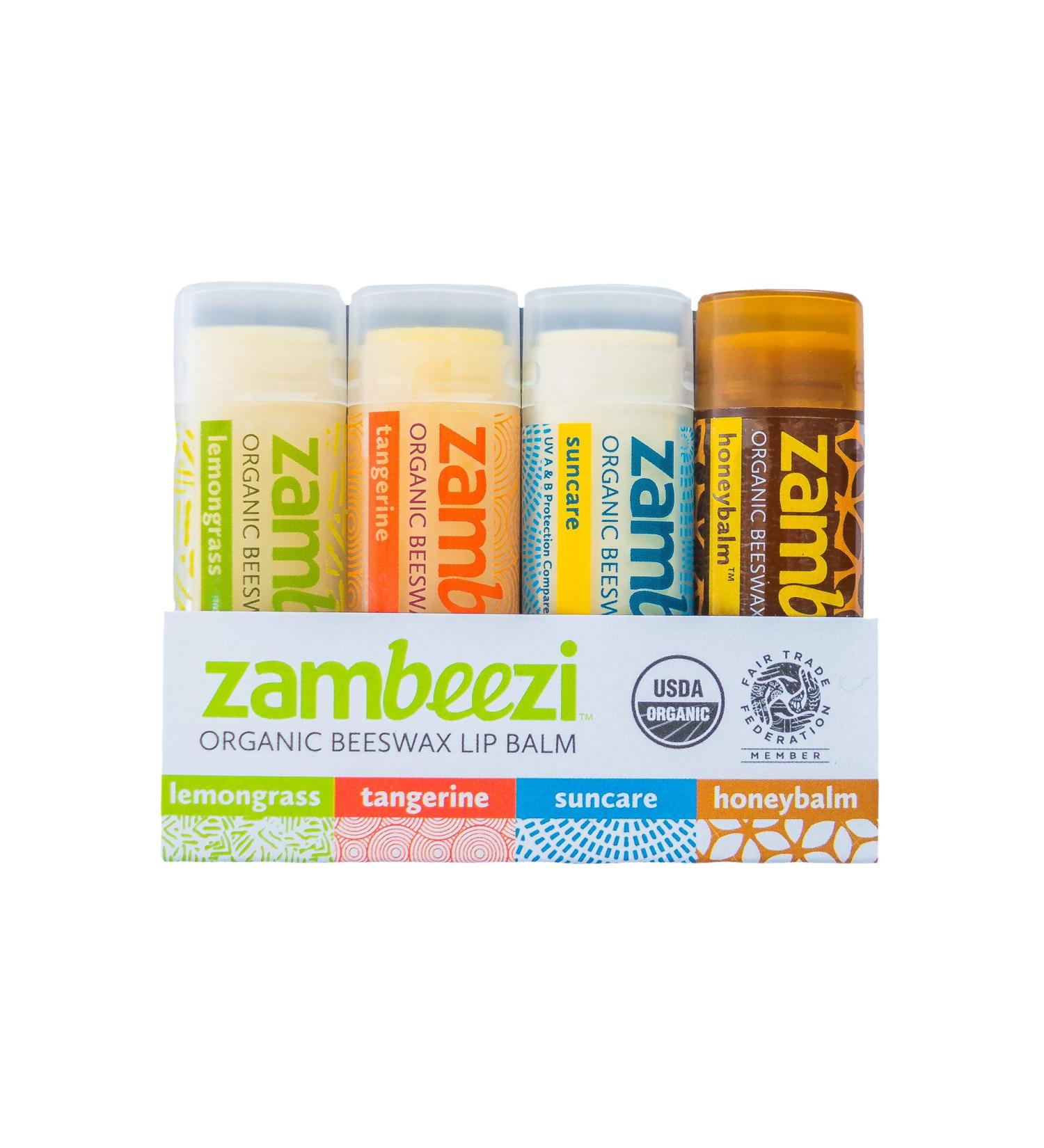 ZAMBEEZI Organic Beeswax Lip Balm Variety 4 Pack - Lemongrass Tangerine & Honeybalm - Fair Trade & Ethically Sourced - Buy Online on GoSupps.com