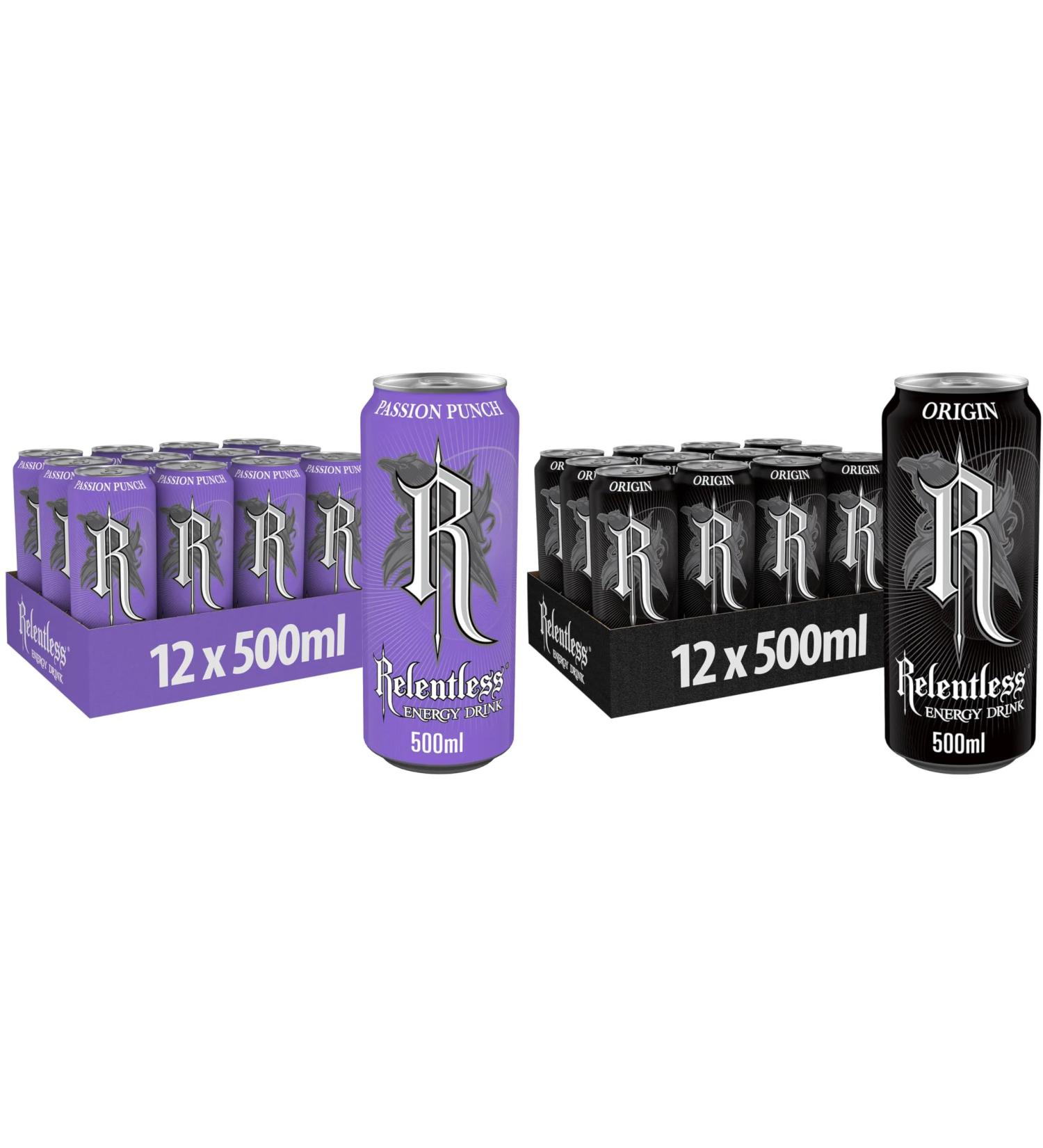 Relentless Energy Drinks 24 Pack 500ml 12 Cans of Passion Punch & 12 Cans of Origin By Shop 4 Less